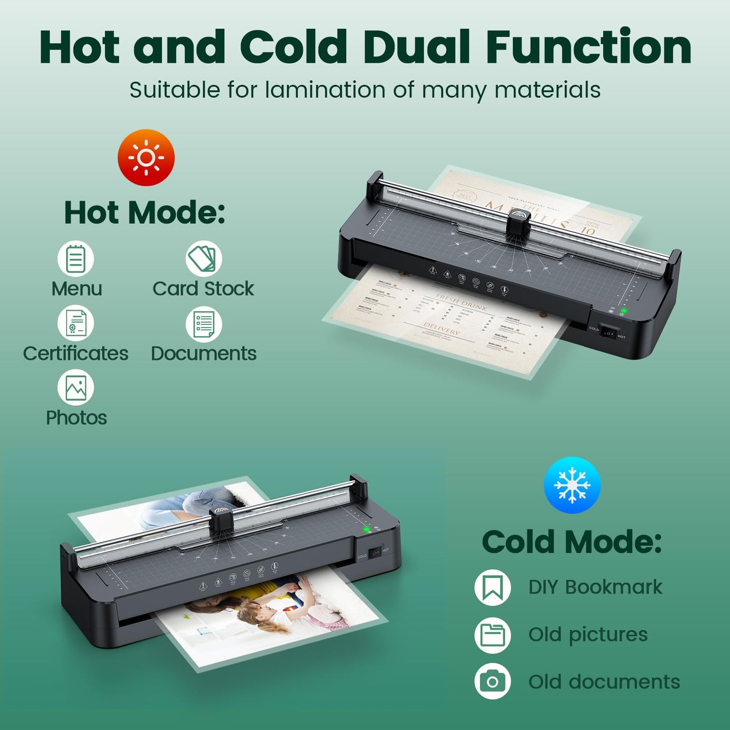 Laminator Machine with 50pcs Laminating Pouches Sheets, 9 in 1 Laminator 13-inch Wide Thermal &Cold Machine Built-in Paper Trimmer Corner Rounder Hole Punch for Home Office School (Black)