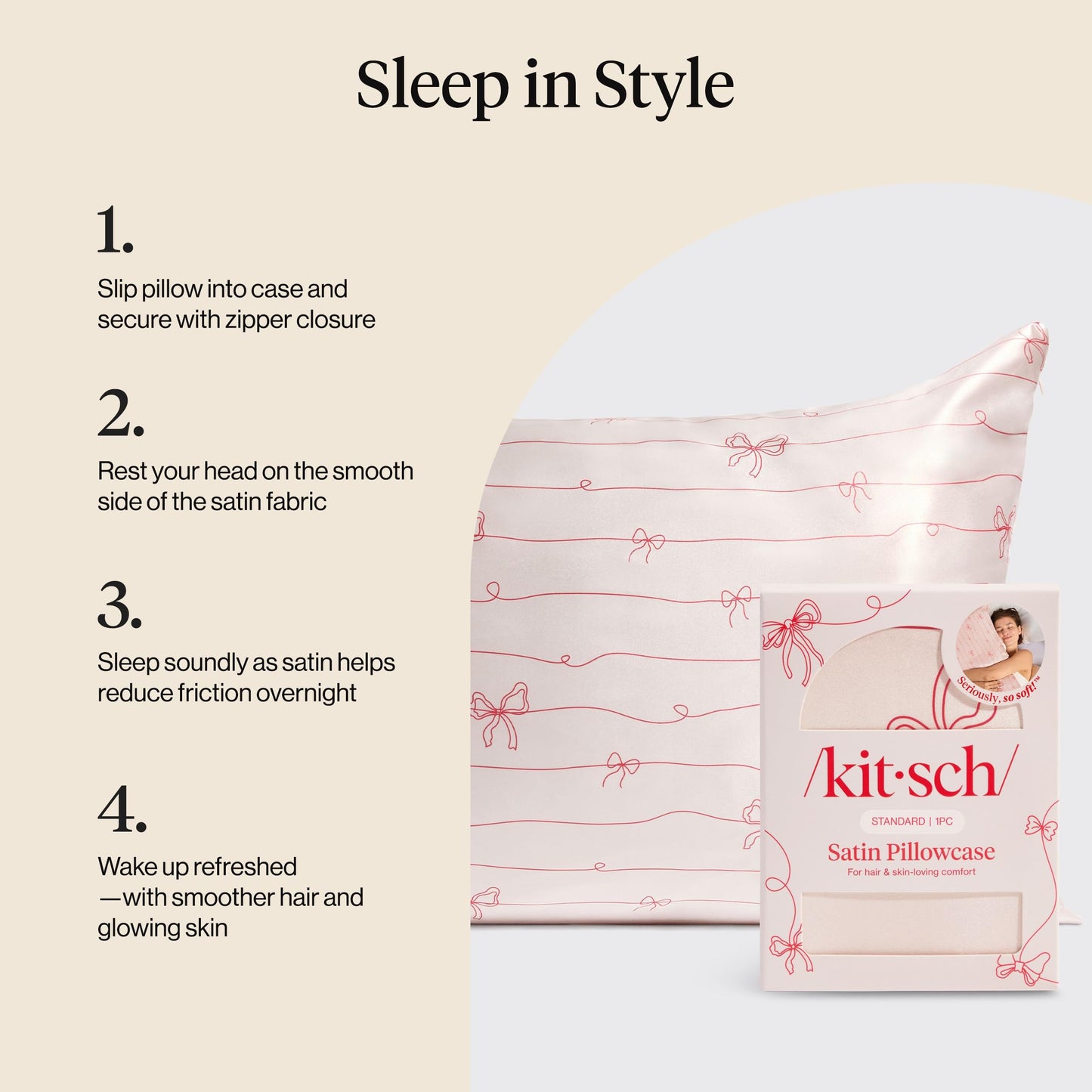 Kitsch Satin Pillowcase with Zipper for Hair & Skin - Softer Than Silk Pillow Cases, Smooth Cooling Satin Pillow Case, Wrinkle-Free Pillow Cases King Size (19x36) - Striped Bows