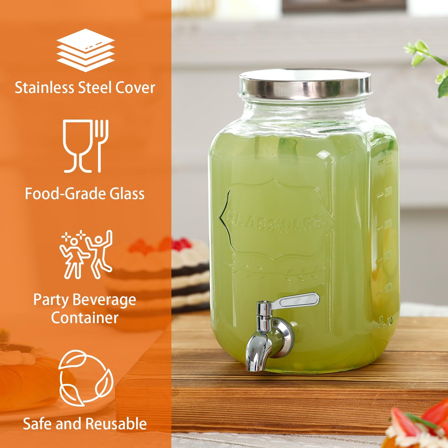 Moretoes 1 Gallon Glass Drinks Dispenser for Parties, Beverage Dispenser for Juice and Iced Tea, Airtight Sun Tea Glass Jar for Outside, Party Essential Beverage Pitcher with Spout