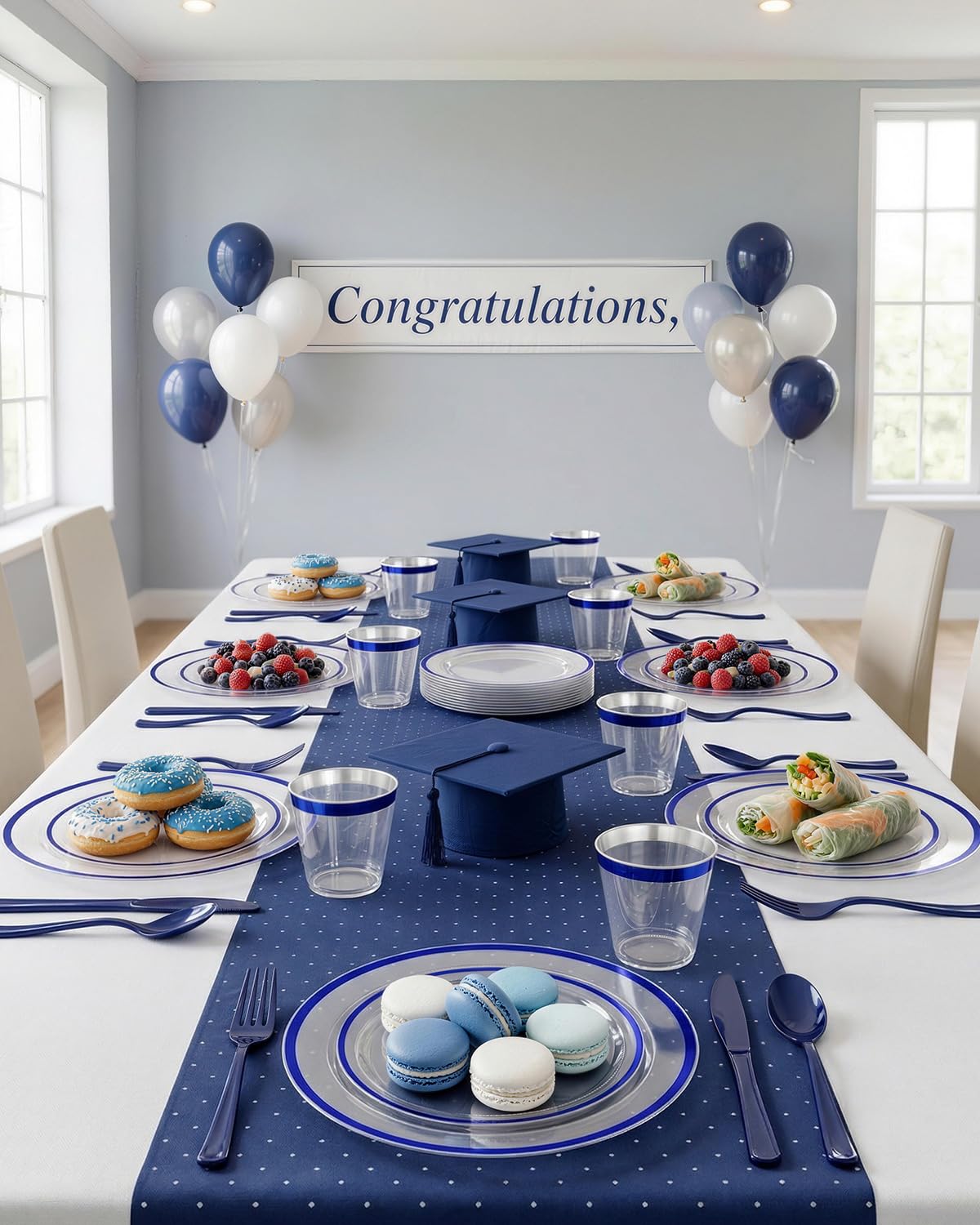 BESTVIP 350PCS Plastic Clear Blue Plates for Party, Disposable Dinnerware Set for 50 Guests, 100 Plastic Plates, 50 Cups, 50 Pre-Rolled Napkins with Cutlery for Graduation Party, Christmas, Birthday