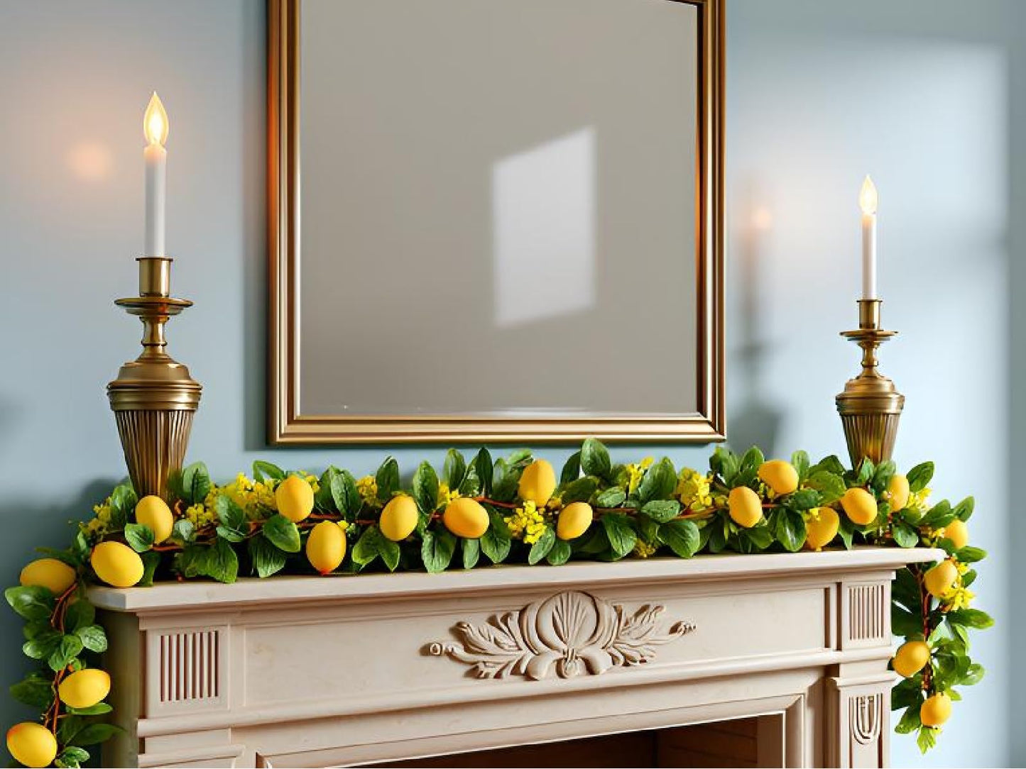CHOUYUHE 2PCS Artificial Lemon Garland (12Ft Total), Faux Fruit Vine with Greenery for Wedding Party, Wall Mantle Table Decor, Spring Summer Kitchen Door Decoration