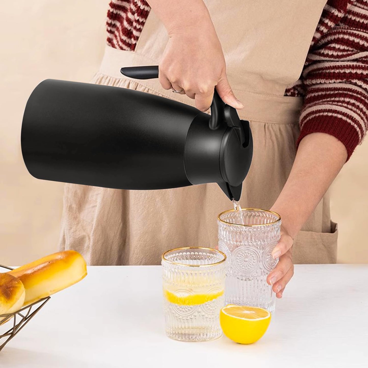 Essenya 2 PCS 68 OZ Thermal Coffee Carafe, Insulated Stainless Steel Coffee Carafe Double Walled Vacuum Thermal Pot Flask with Brushes for Keeping Hot Coffee Tea Home and Office (Black)