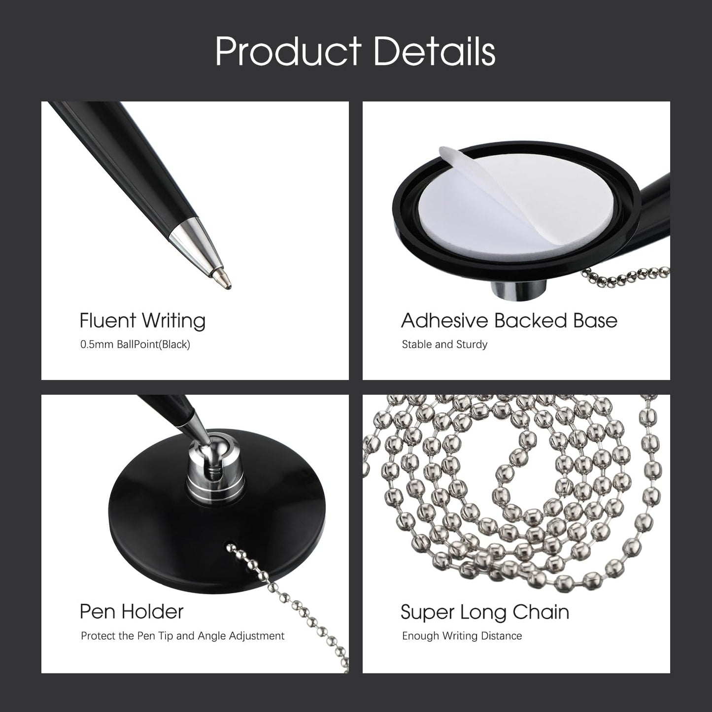 Zonon 24 Pieces Secure Pen with Chain Security Pen Holder Counter with Adhesive Chain and Base Black Ink for Reception Office Bank Work Hotel Lobbies Retail Stores Home Back to School Supplies
