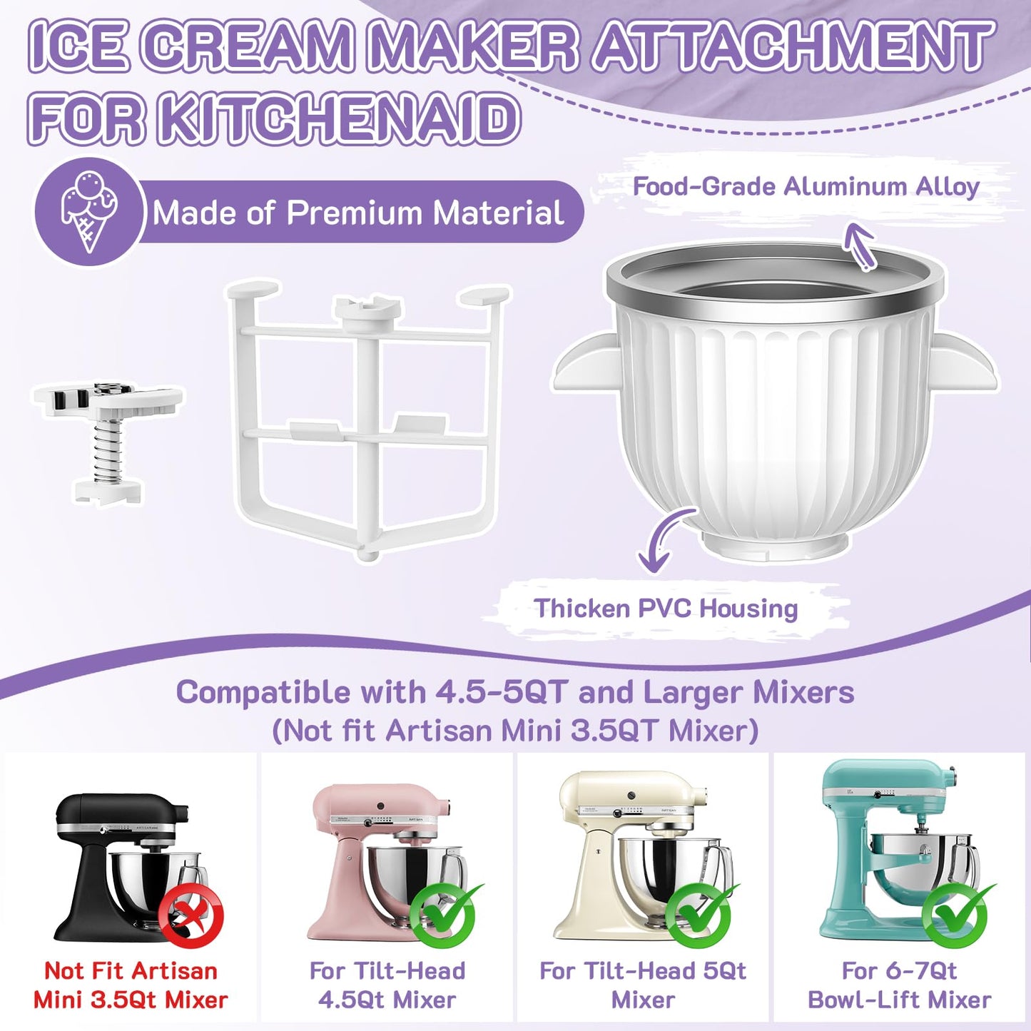 Ice Cream Maker Attachment for KitchenAid Stand Mixer, Fits 4.5Qt and Larger KitchenAid Mixers, 2 Quart Frozen Yogurt, Sorbet & Gelato Ice Cream Bowl by Focollk