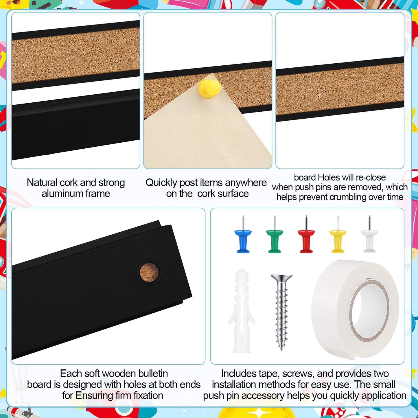 Threehoney 3 Pcs 36'' x 1" Cork Board Strips for Wall, Bulletin Bar, Tack Board With Aluminum Trim - Brown Cork Strips for Classroom, Office Walls, Cubicle