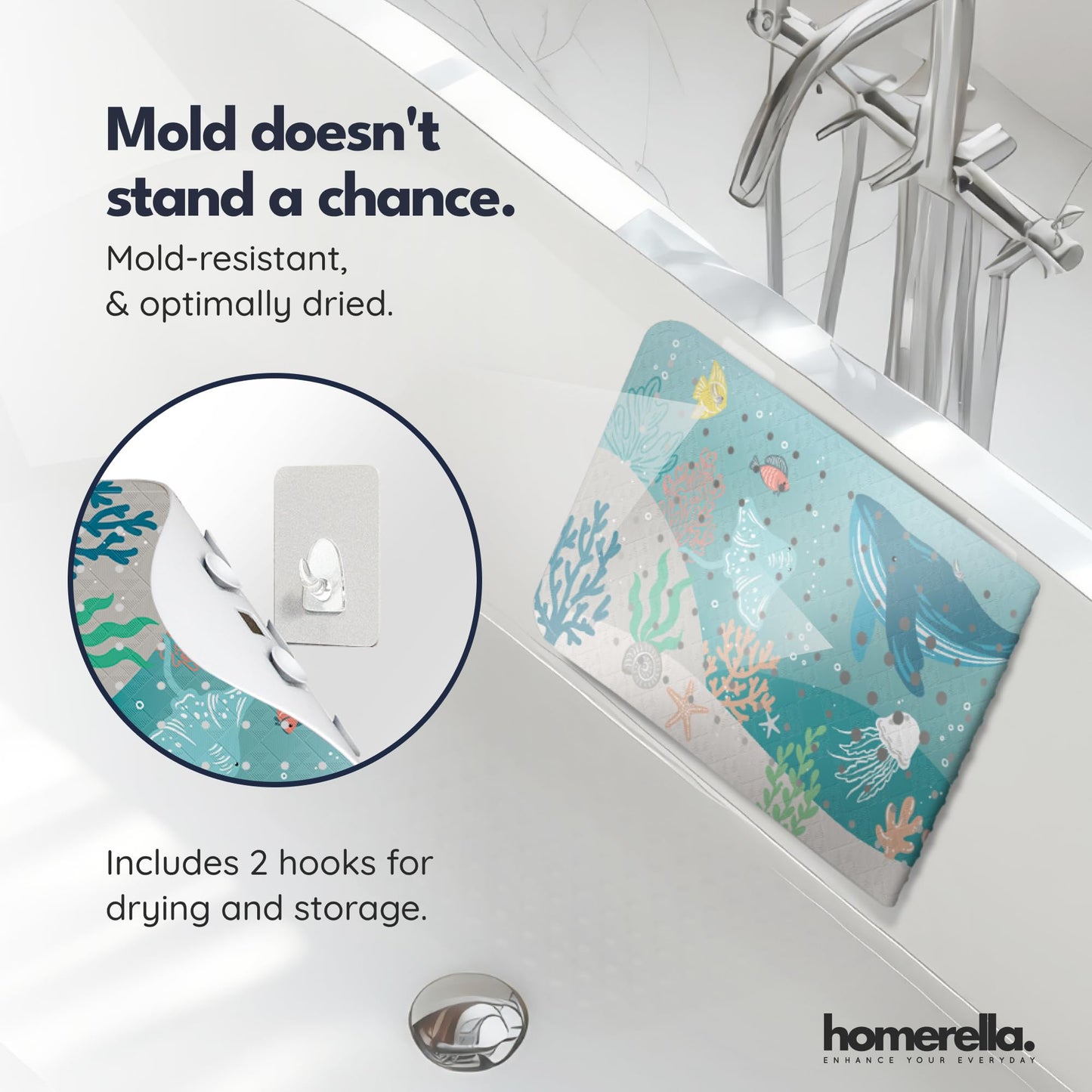 Bathtub Mat Non Slip Anti Mold for Kids 40x16 - homerella® Bath Mat for Tub, BPA Free, Incl. 2 Hooks, Washable Shower Mat Non Slip Anti Mold, Shower Mats for Inside Shower, EU Certified