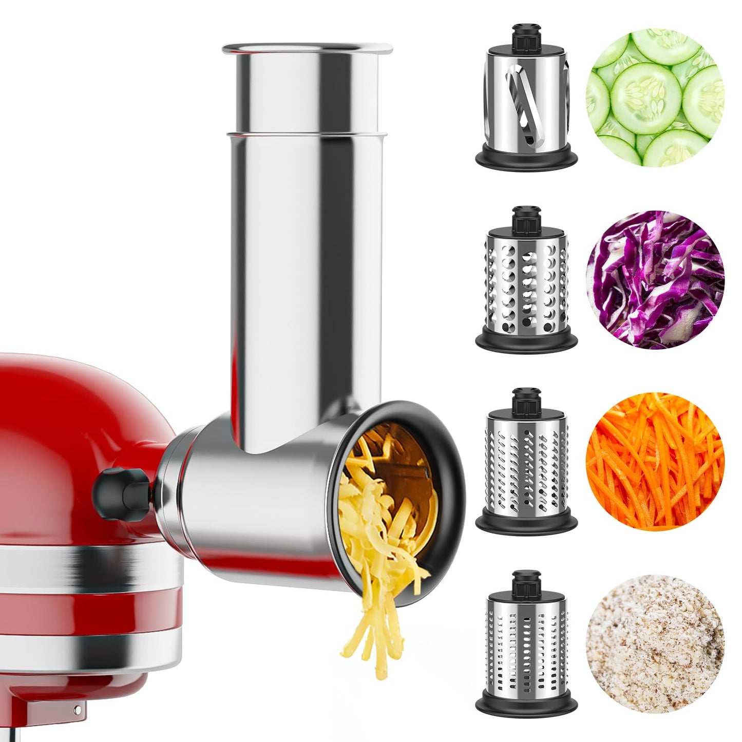 Stainless Steel Slicer Shredder Attachment for Kitchenaid Stand Mixer, Cheese Grater, Salad Maker Accessories for Kitchenaid Mixer, Grinding Powder with 4 Blades by FOCOLLK