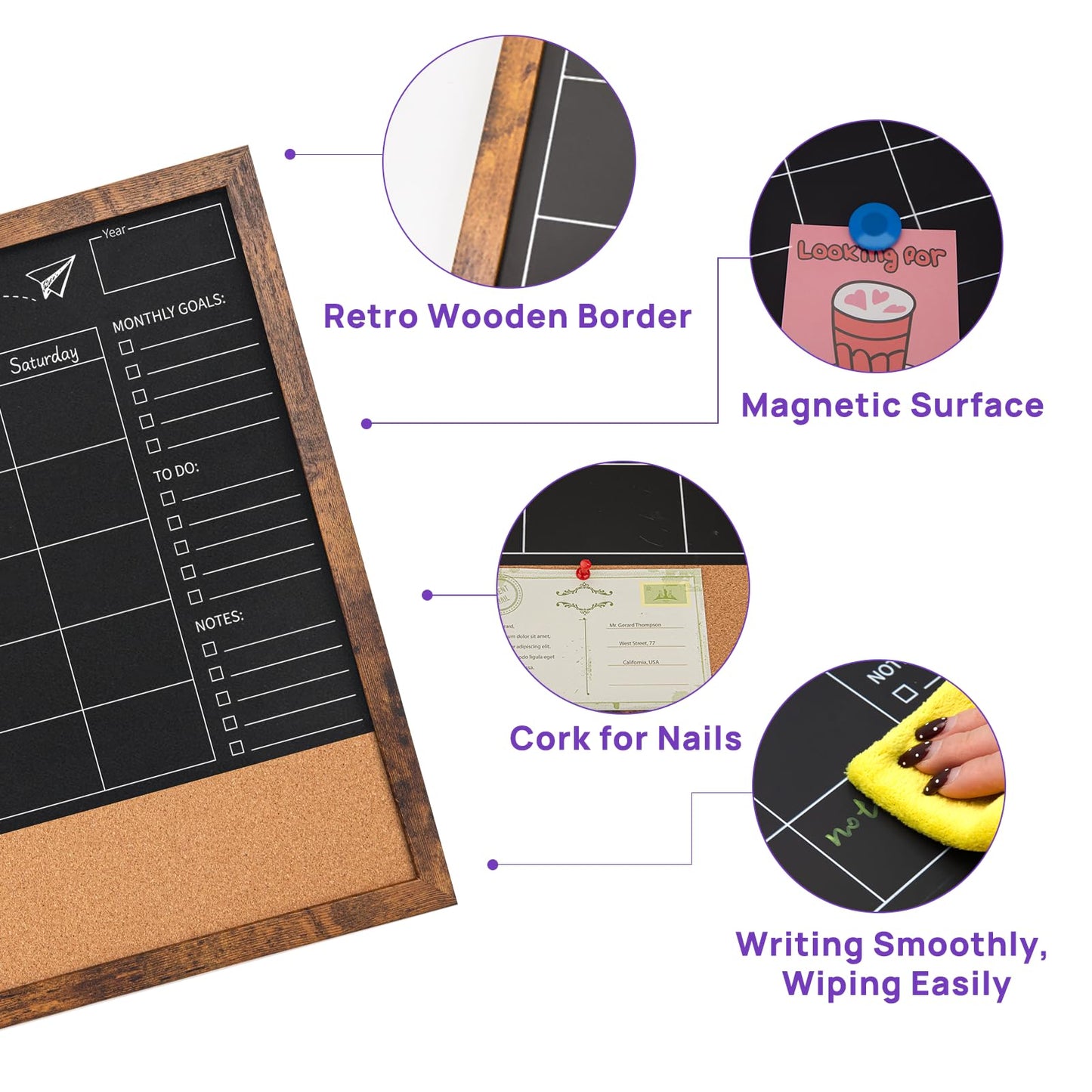 JEFURE Magnetic Chalkboard Calendar 24x36 Inches, Framed Chalk Board for Wall Organization, Planning/School Timetable/Memo, Hanging Magnetic Surface for Office, School, Home