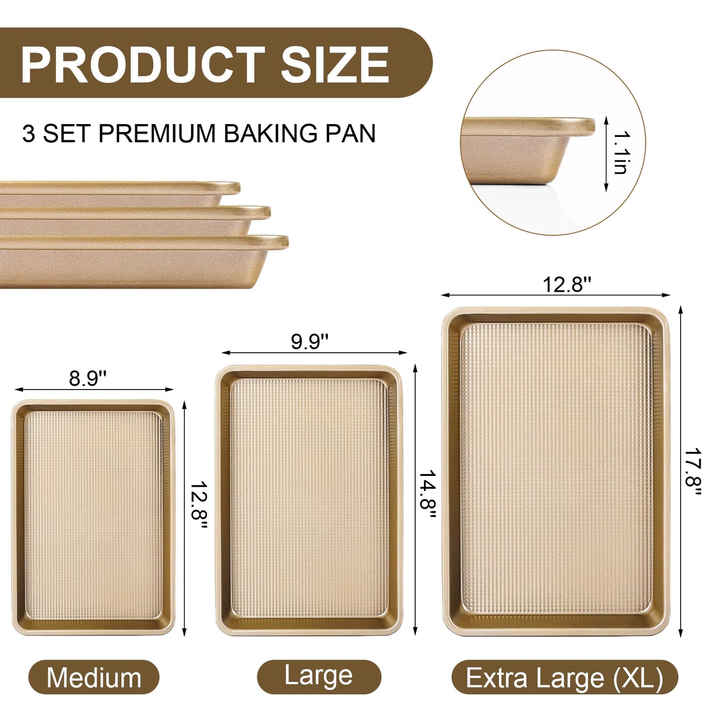 FLAREFX Baking Sheet Pan Set of 3 | Nonstick Cookie Sheets for Baking Supplies | No Rust & No Toxic Carbon Steel Half Sheet Pan+Jelly Roll Pan+Quarter Sheet Pan Set | Heavy Duty Baking Tray for Oven