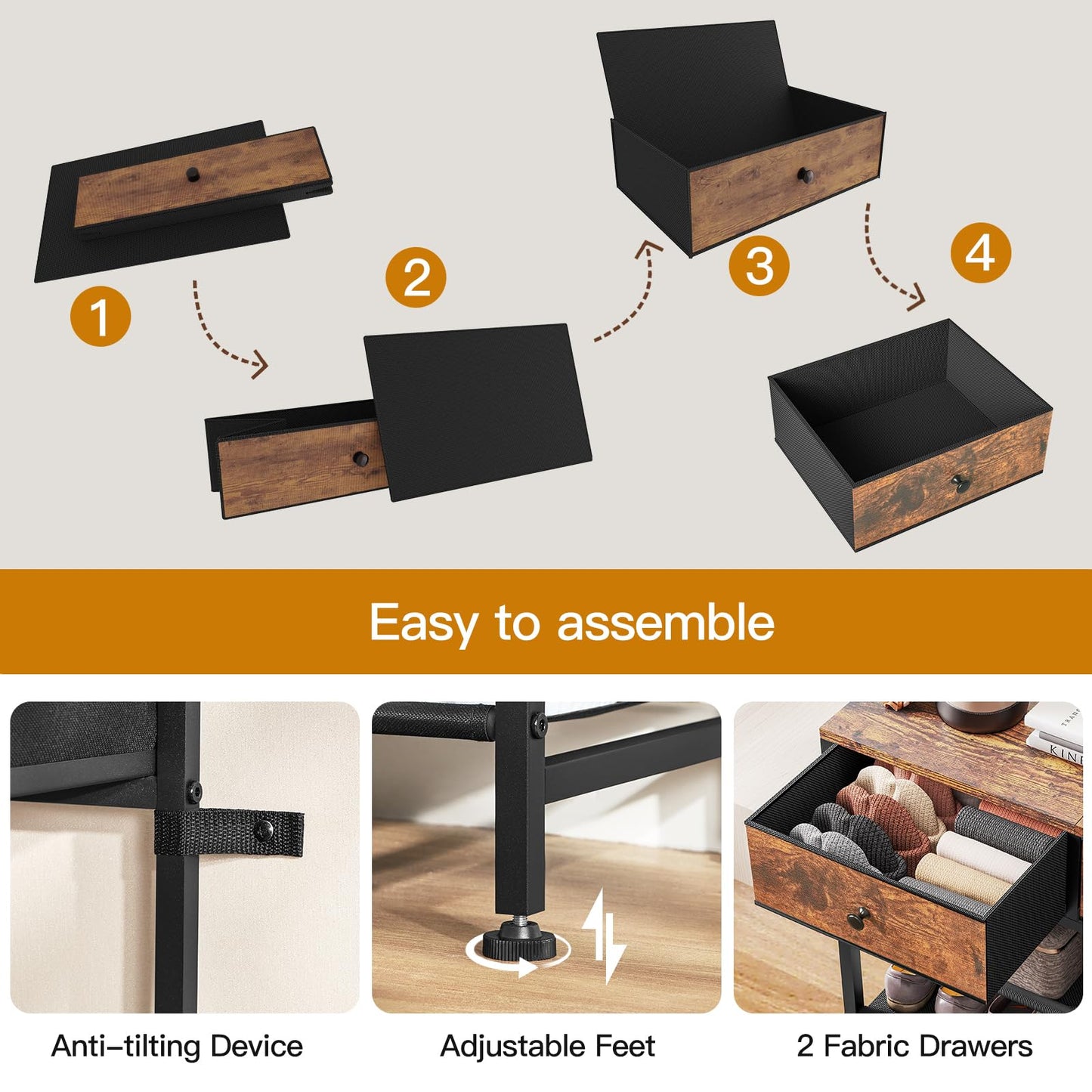 usikey Shoe Rack, 4 Tier Shoe Storage Organizer with 2 Drawers, Metal Shoe Shelf for 9-12 Pairs of Shoes, with 3 Oxford Fabric Shelves and Wooden Top, Shoe Stand for Entryway, Rustic Brown UNYXJX012F