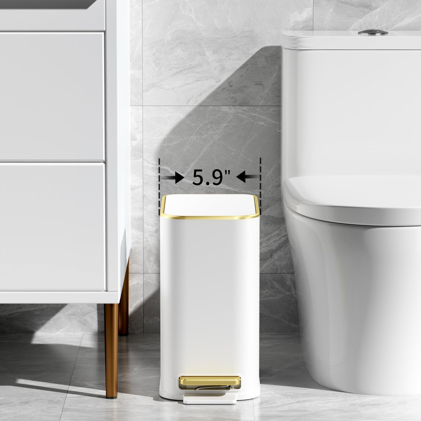 TIPGO Small Bathroom Trash Can with Lid Soft Close, Step Pedal, 5 Liter / 1.3 Gallon Stainless Steel Trash Bin, Slim Garbage Cans for Toilet, Office, Bedroom (White)