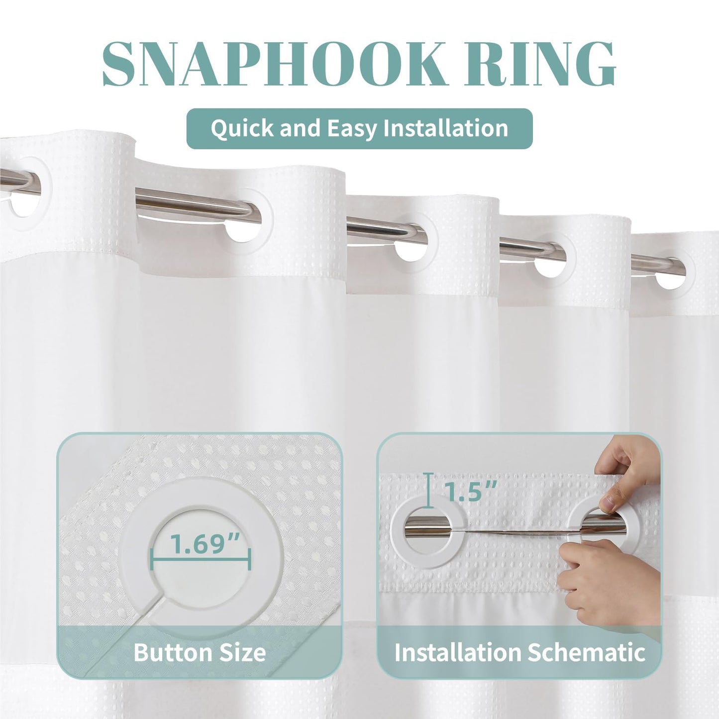 eachope White No Hook Waffle Weave Shower Curtain with snap-in Liner Replacement, 230GSM Waterproof Fabric Hotel Shower Curtain Set for Bathroom, Through Mesh Top Window,71Wx74H