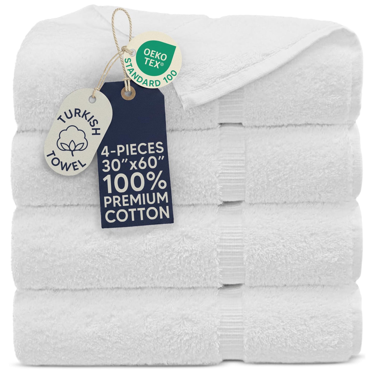 Towel Bazaar 4-Piece Extra Large Bath Towel Set, 100% Premium Cotton Turkish Towels, 30x60 Luxury Towel Super Soft and Absorbent, Perfect Use for Bathroom, Shower Towels - White