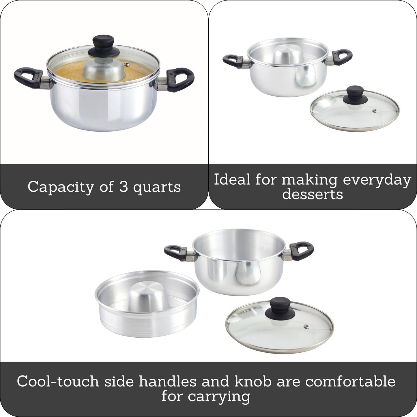 IMUSA 8in Small Aluminum Flan Double Boiler Baño Maria with Lid, 3Qt Dessert Pot for Flan, Custards, Pudding and Traditional Latin Recipes
