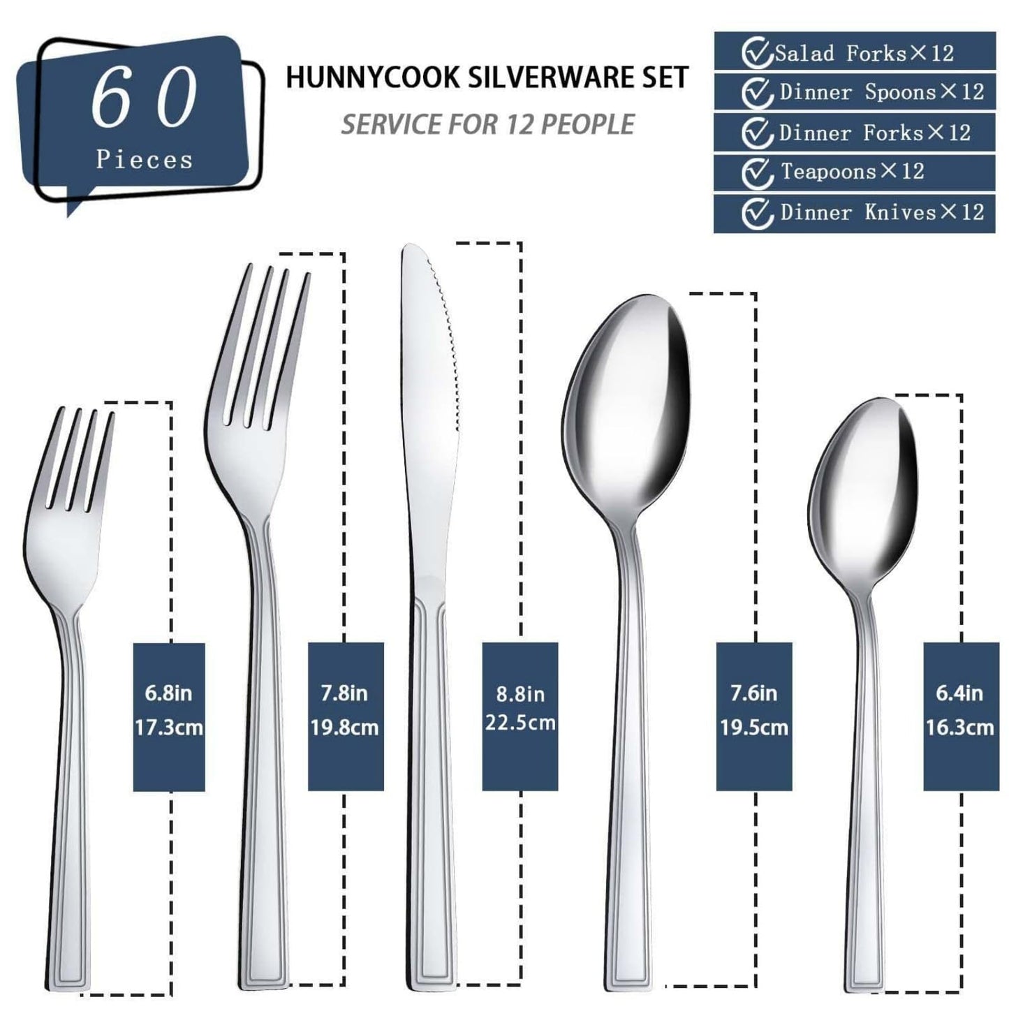 Hunnycook Silverware Set for 12-60PCS Stainless Steel Silverware Set, Include Fork Knife Spoon Set, Mirror Polished, Dishwasher Safe, Cutlery Set for Home Kitchen Restaurant