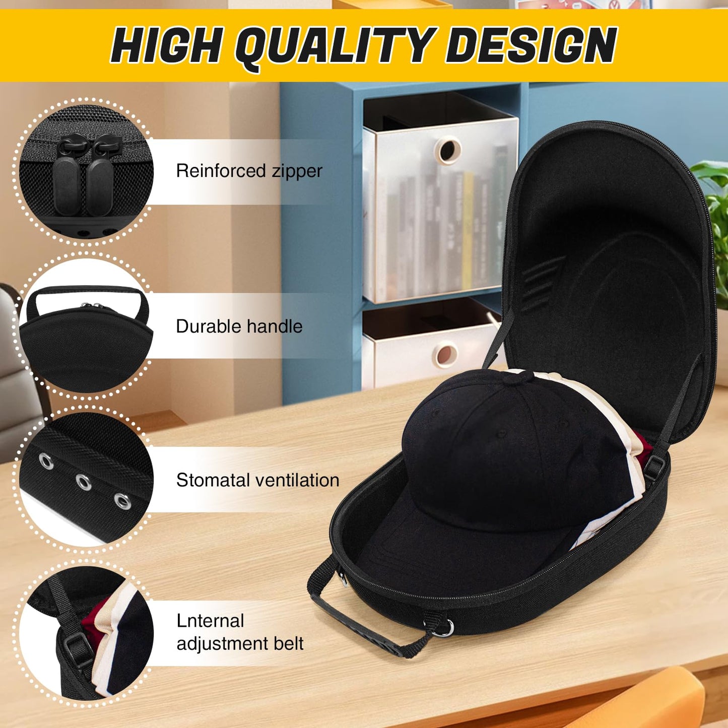 HZJYW Hat Travel Case,Hat Case for Baseball Caps with Carrying Handle and Adjustable Shoulder Strap,Organizer Protects up to 6 Hats, Box for Travel and Home Storage(Black)