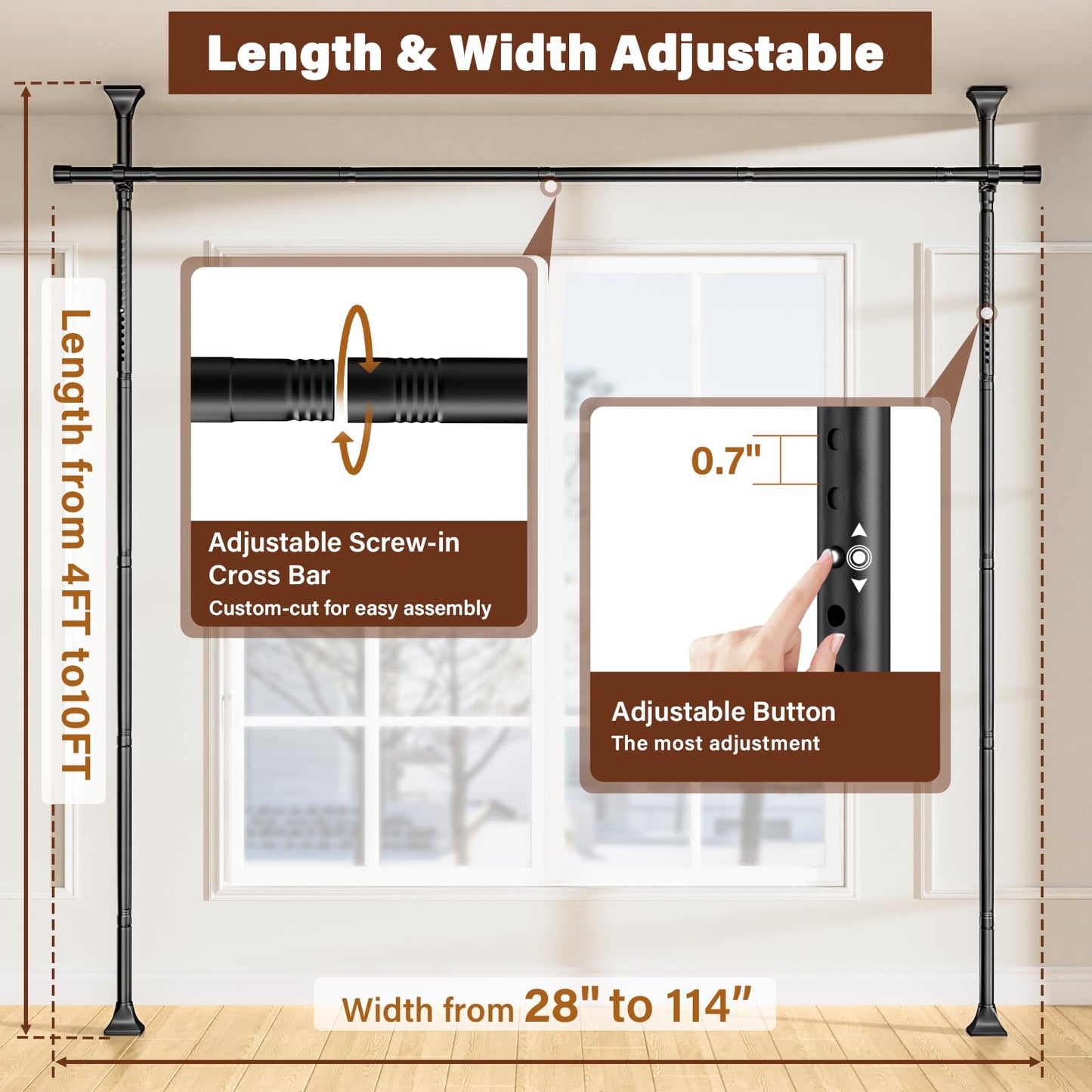 Abiglifty Room Divider Curtain Rod No Drilling, Adjustable 4-10ft(H) 28-114inch(W) Wall Divider for Room Separation, Heavy Duty Floor to Ceiling Tension Curtain Stand, Black