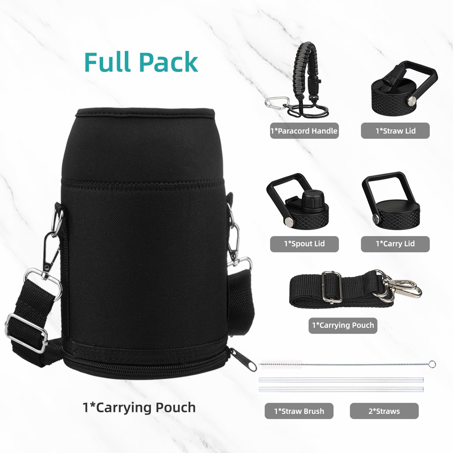 Konokyo Gallon Insulated Water Bottle with Straw,128 oz 3 Lids Water Jug with Carrying Bag,Paracord Handle, Double Wall Vacuum Stainless Steel Metal Flask,Black