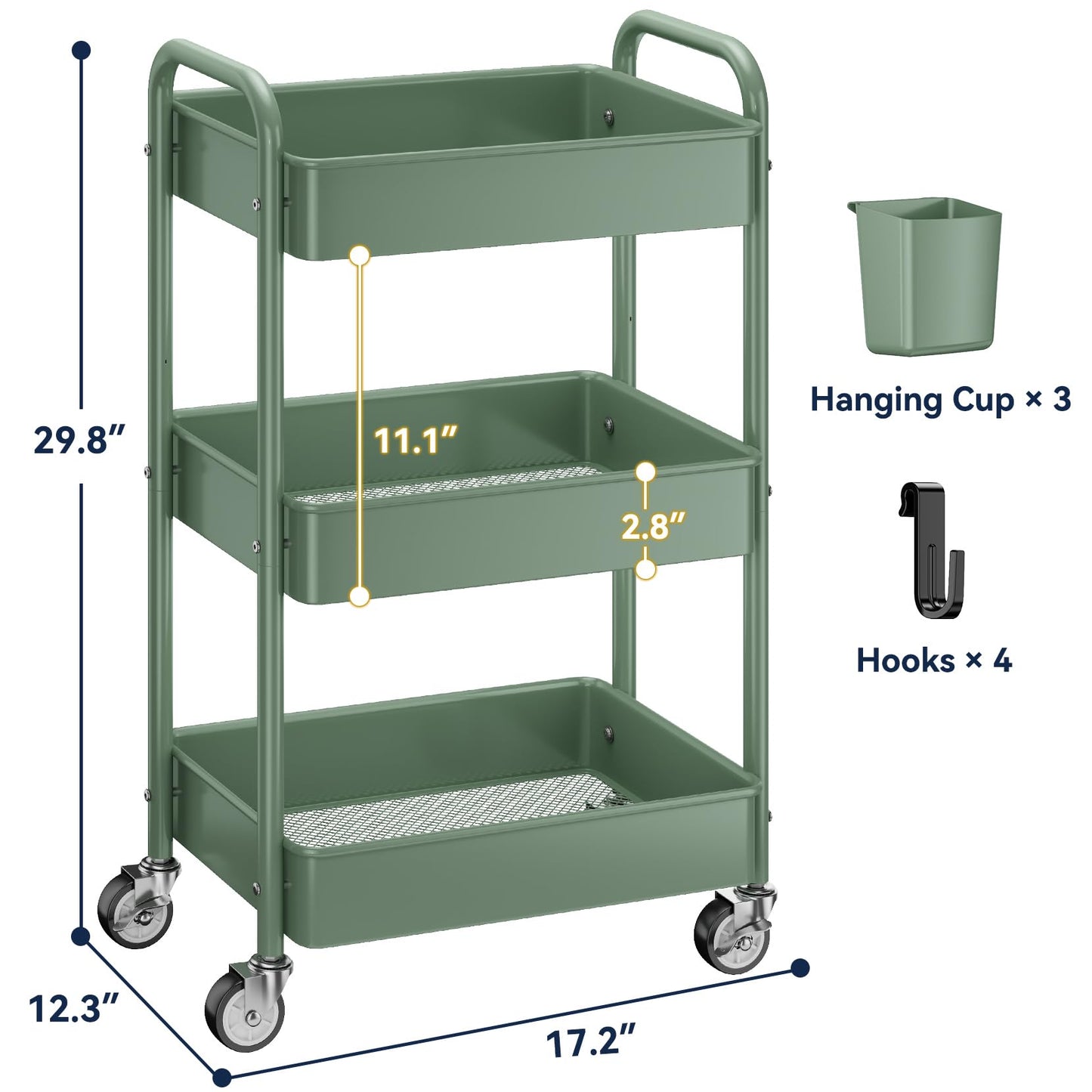YASONIC 3-Tier Rolling Cart, Green, 66 Pounds Capacity, Mesh Storage Organizer with Lockable Wheels, 3 Hanging Cups, 4 Hooks, Easy Assembly, for Kitchen, Bathroom, Laundry, Grocery