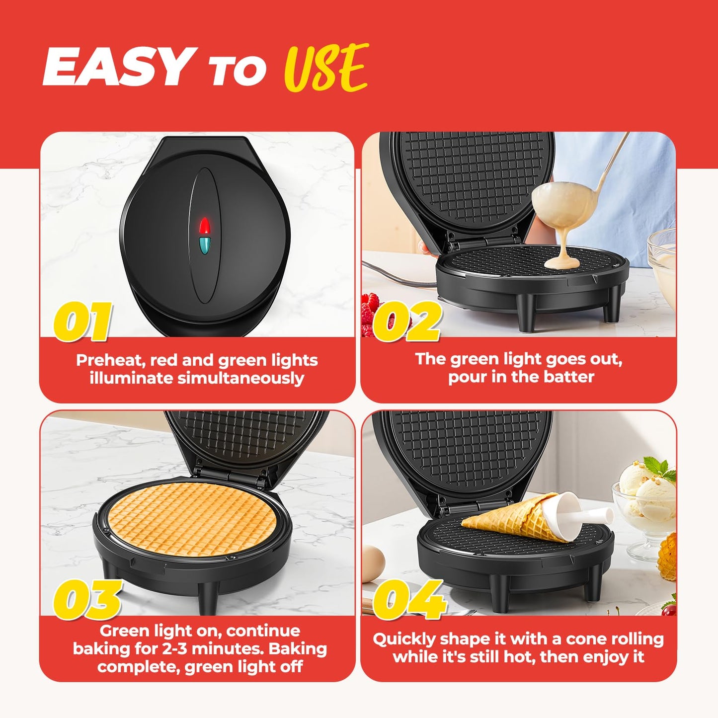 Waffle Cone Maker and Ice Cream Cone Maker with Cone Roller, 1000W Double Side Even Heating Thin Waffle Maker, Makes Crispy Waffle Cones, 7.5" Nonstick Plate Egg Roll Maker, Easy to Clean, Black
