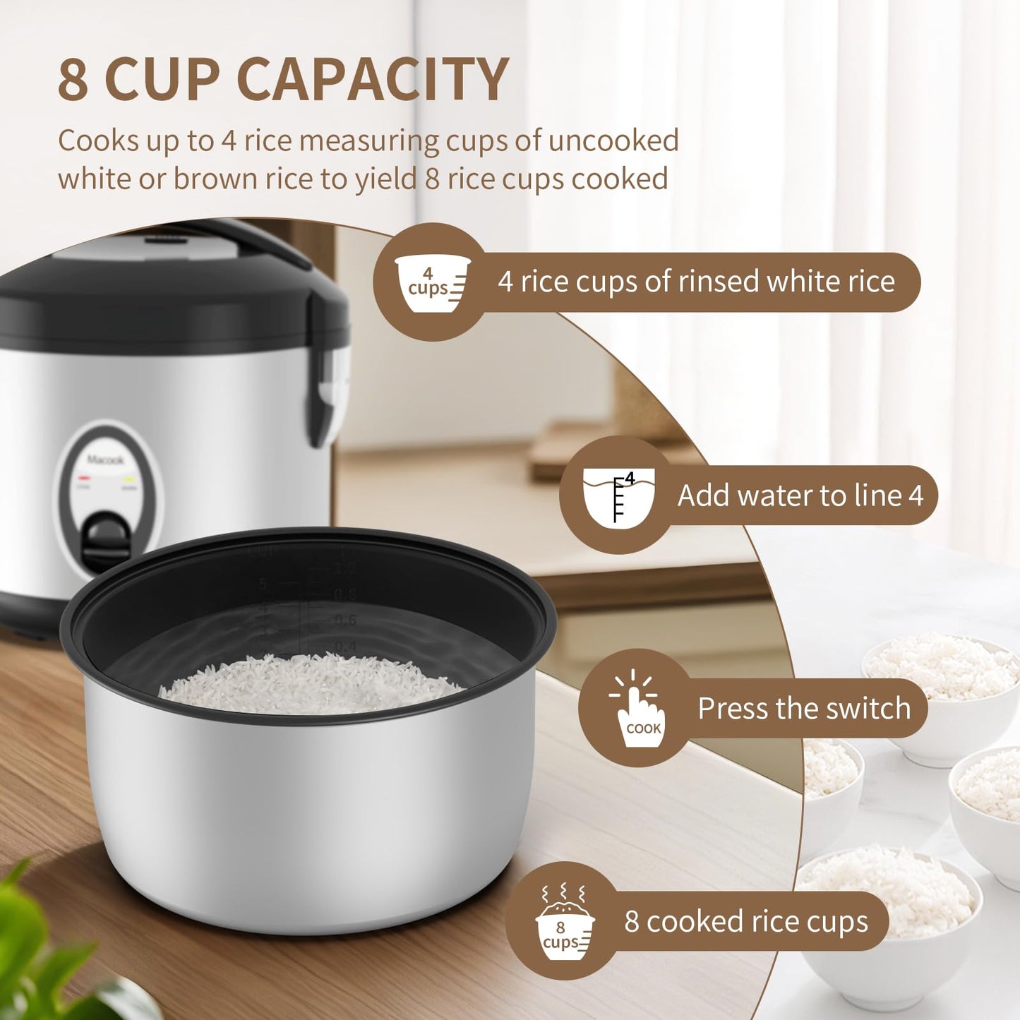 Macook Stainless Steel Rice Cooker with Steamer, 4-Cup Uncooked (1.0L)/8-Cup Cooked, Electric Grain & Vegetable Cooker, Auto Keep Warm for Oatmeal, Soups & Multicooking