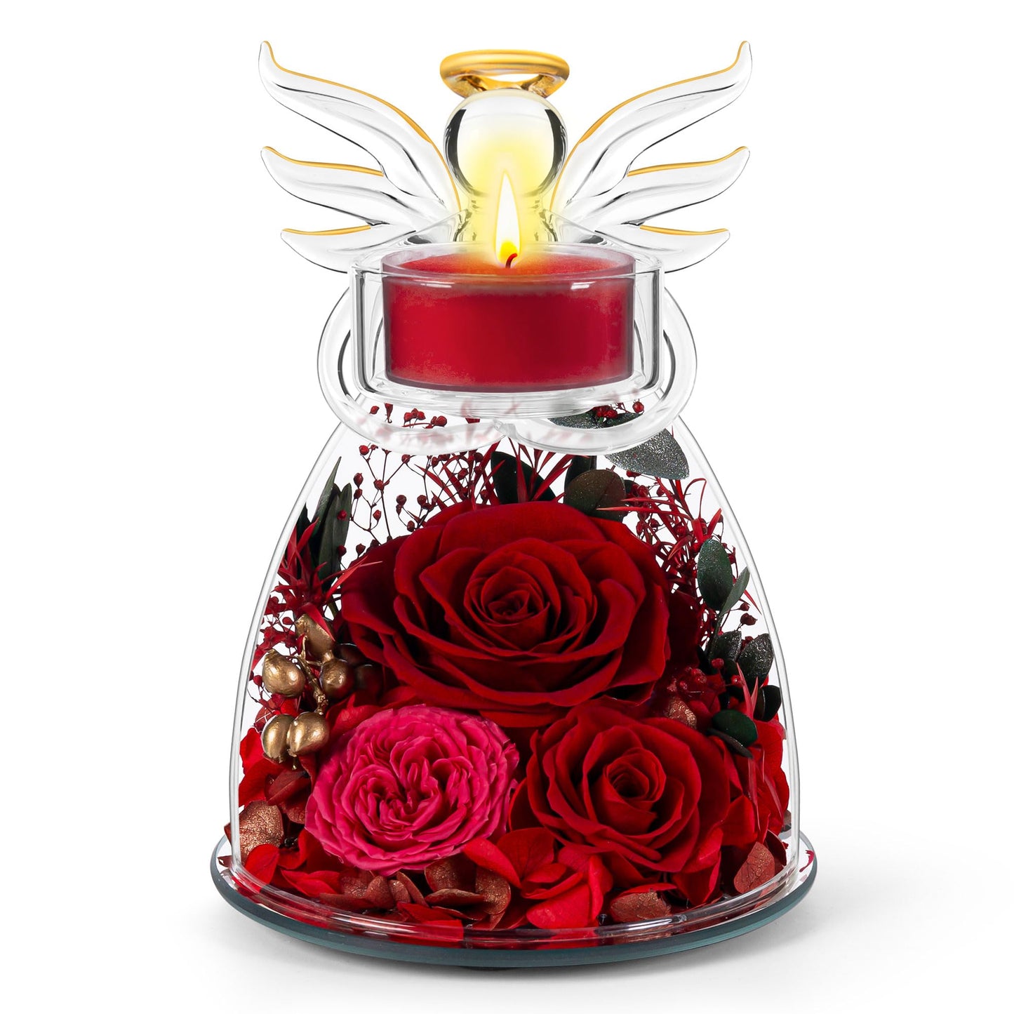 Agrul Mothers Day Roses Gifts for Mom Women,Preserved Real Flowers Roses in Glass Angel Figurines Candle Holder with Tealight Candle Holder/Red