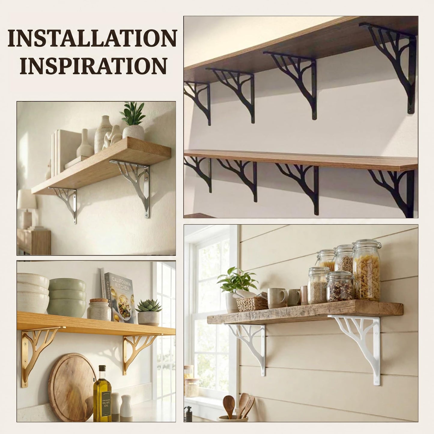 Rustic Tree Black Heavy Duty Shelf Brackets 6 inch by Balin Designs, Decorative L Brackets, Iron Metal Floating Shelf Bracket, Wall Mount Shelving Bracket, Included Hardware, Set of 4