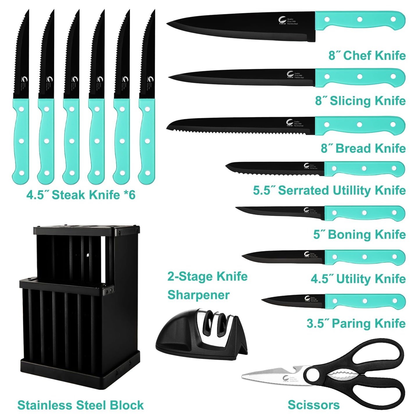 CuCut 16-Piece Kitchen Knife Set with Block - High Carbon Stainless Steel Knives, Black Non-Stick Coating, Triple Riveted Forged Turquoise Handle, Dishwasher Safe, Includes Knife Sharpener, Scissors