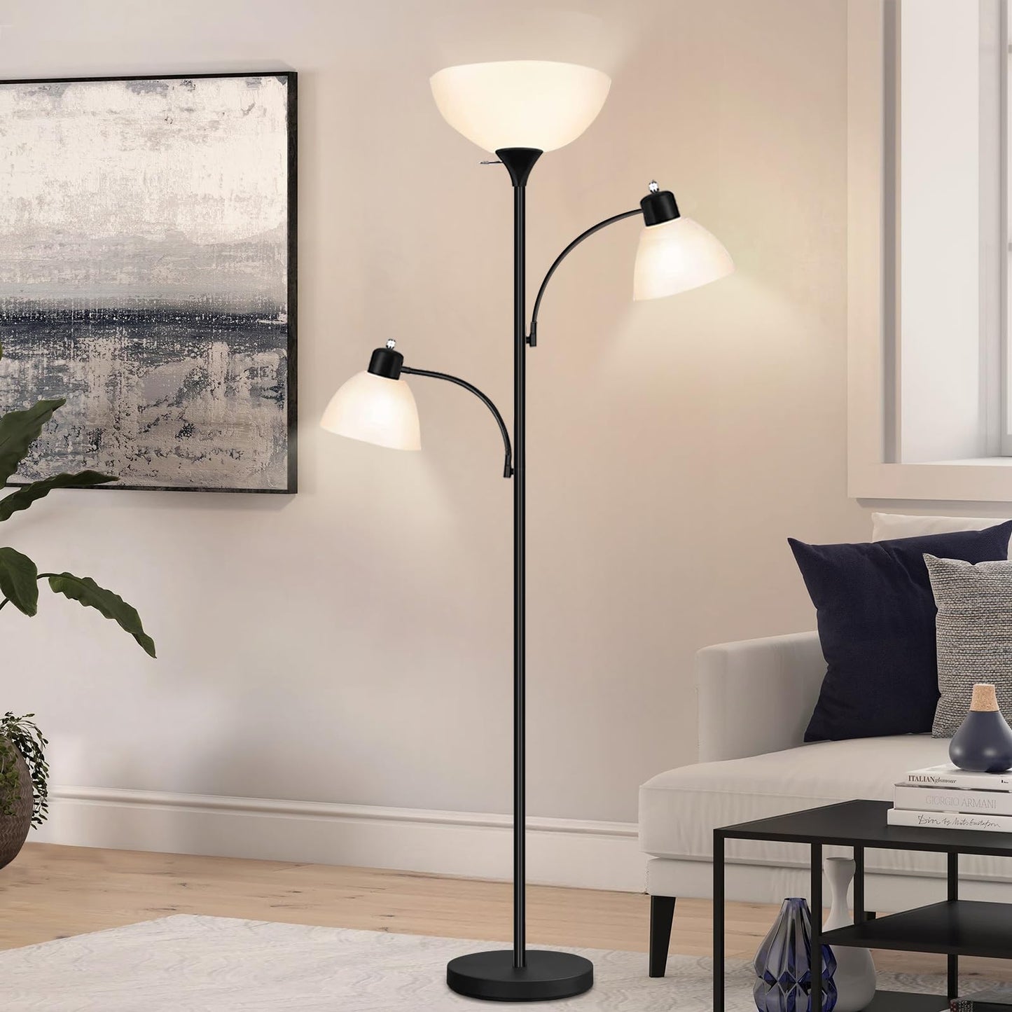 Luvkczc Floor Lamps for Living Room, 72" Tall Torchiere Floor Lamp with 8W Adjustable Reading Lights, Industrial Lamps for Living Room, Bedroom, Office, Black Tree Floor Lamp【3 Bulbs Included】