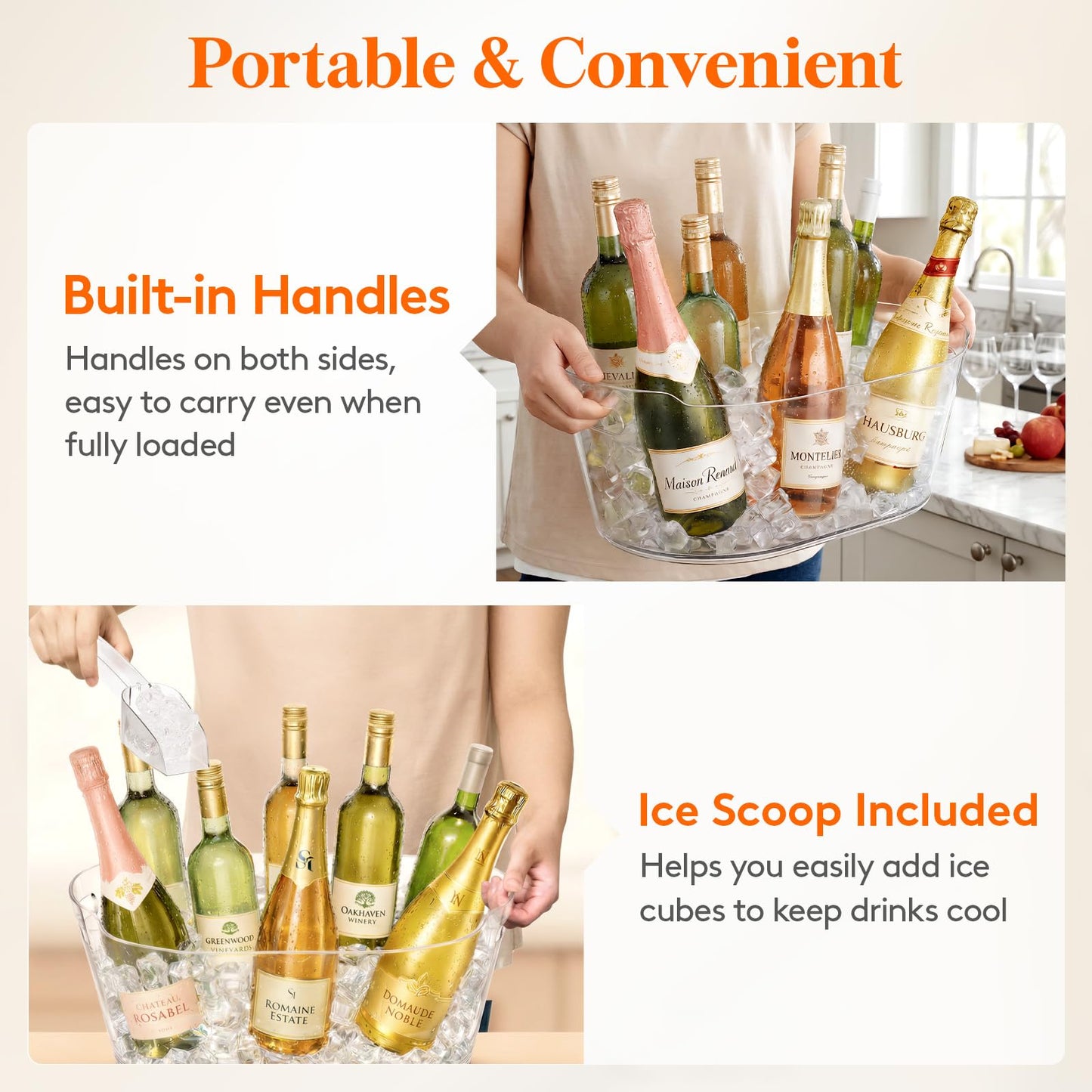 Lifewit 11.5L Ice Bucket for Parties 2 Pcs, Large Portable Drink Bucket for Cocktail Bar, Champagne Cooler for Beverage/Wine/Beer, Mimosa Bar Supplies Chiller Tub with Scoop 38 x18x20 cm/15x7x8 inches