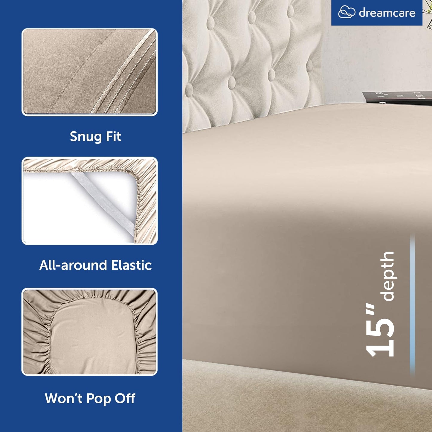 DREAMCARE King Size Sheets Set - 6 pcs Breathable Cooling Bed Sheets - up to 15" Deep Pocket King Sheet Set with Side Pockets - Extra Soft 100% Brushed Hypoallergenic Hotel Luxury Bedding - Beige