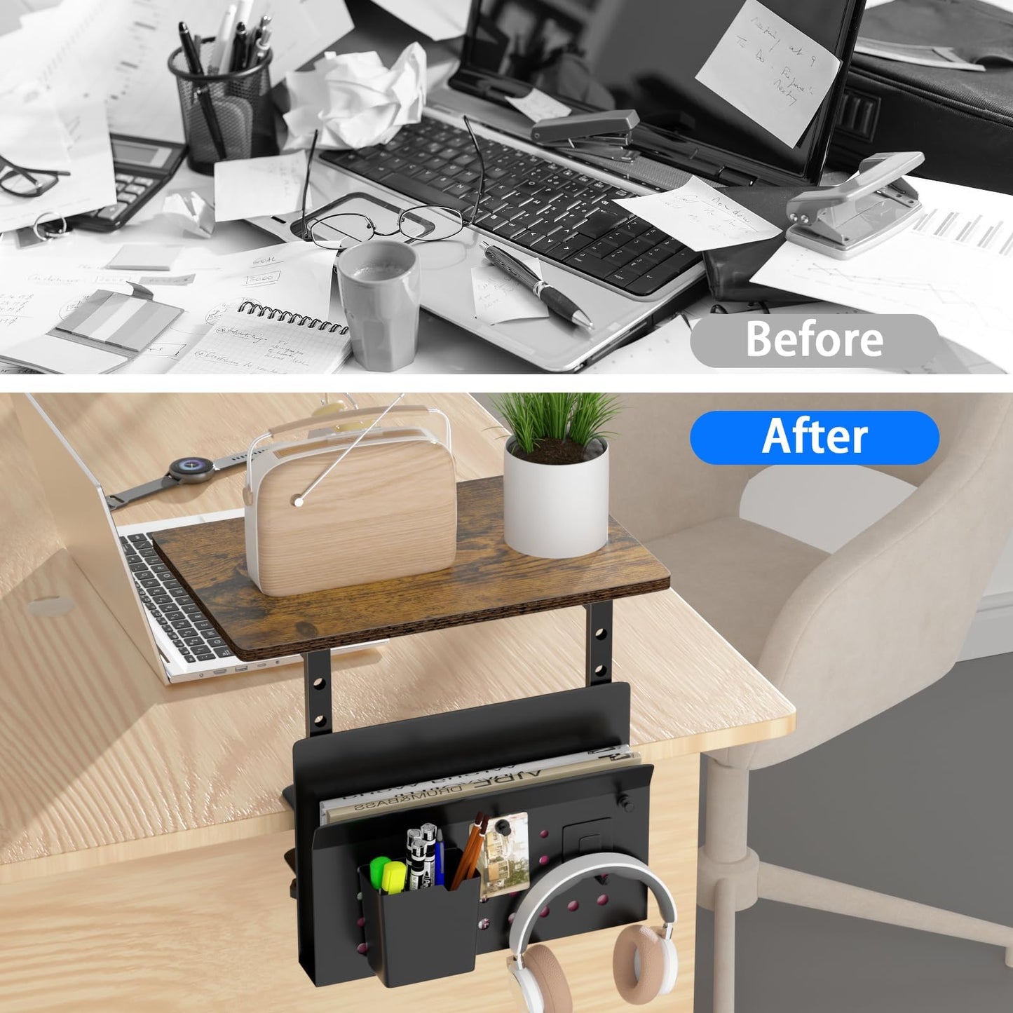 Desk Extender, Clamp On Desk Shelf Organizer, with Side Storage Steel Frame & 15 inch Wood Desktop Supplies Rack Clamp Mount Table Hanging Storage for Home Office Fits Flat Edge Tables 0.3" to 2.3"