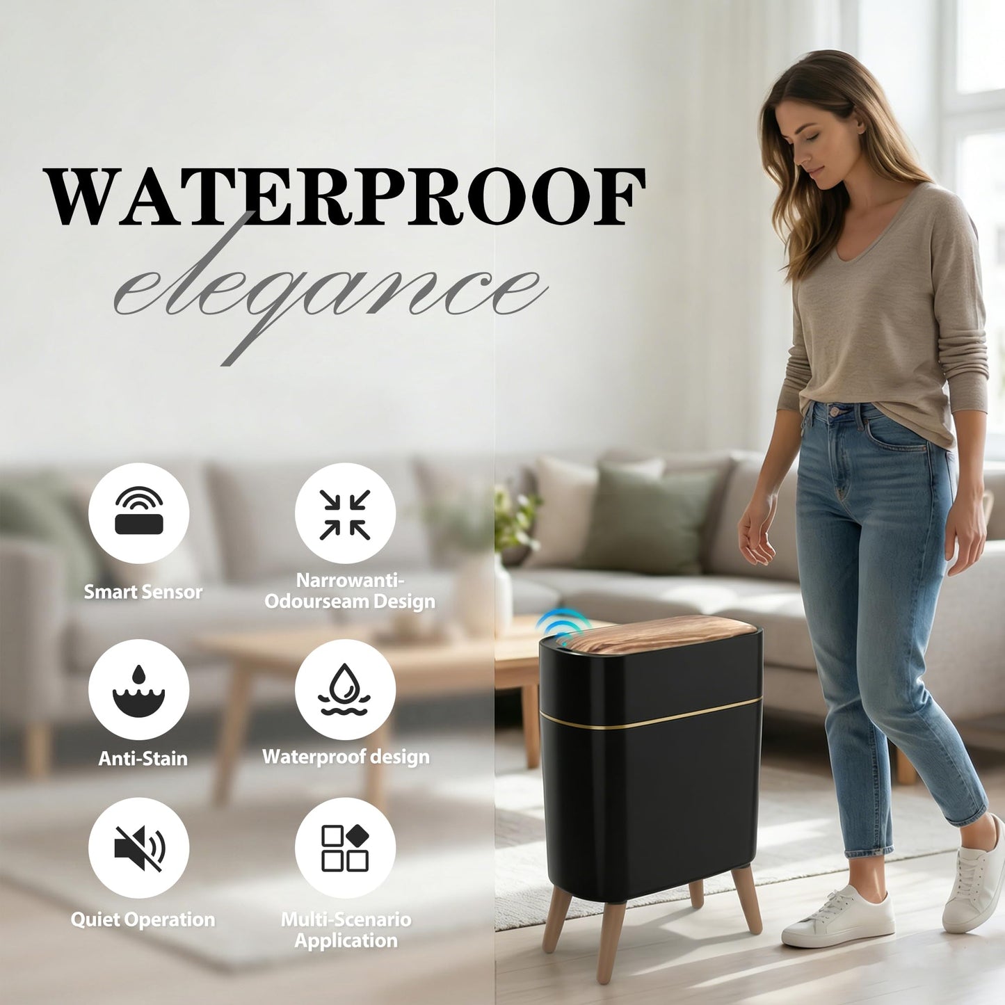 suyika Automatic Trash Can, 2.6 Gallon/10L Bathroom Trash Can with Lid - Wood Grain Lid and Legs, Touchless Waterproof Garbage Bin for Bedroom, Bathroom, Office, Living Room