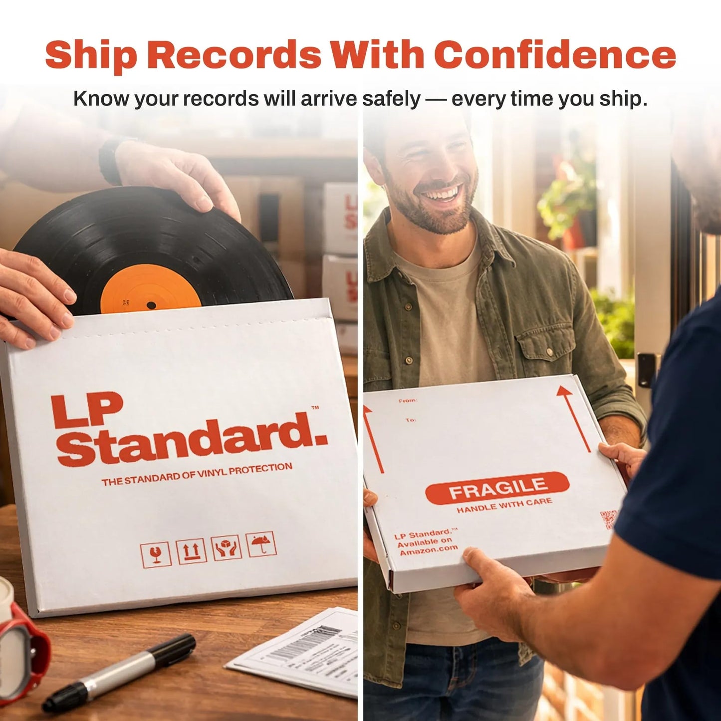 LP Standard (25 Pack) Heavy Duty Vinyl Record Mailers | For 12.5" X 12.5" x 1" Records | 3x Cardboard Thickness, Protective Warning Icons, and Professional Look | Durable Viny Records Shipping Boxes