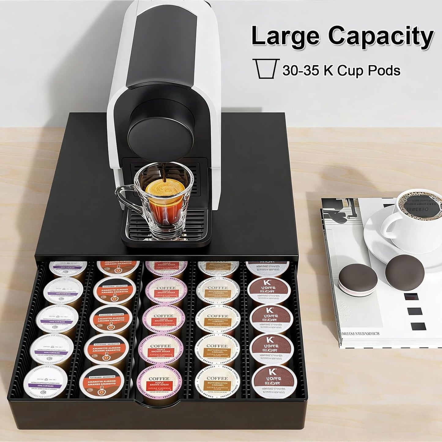 OUTIOE Coffee Pods Drawer Organizer Compatible with Nespresso Vertuo Pods Holds Up to 60 Small or 40 Large (Black)
