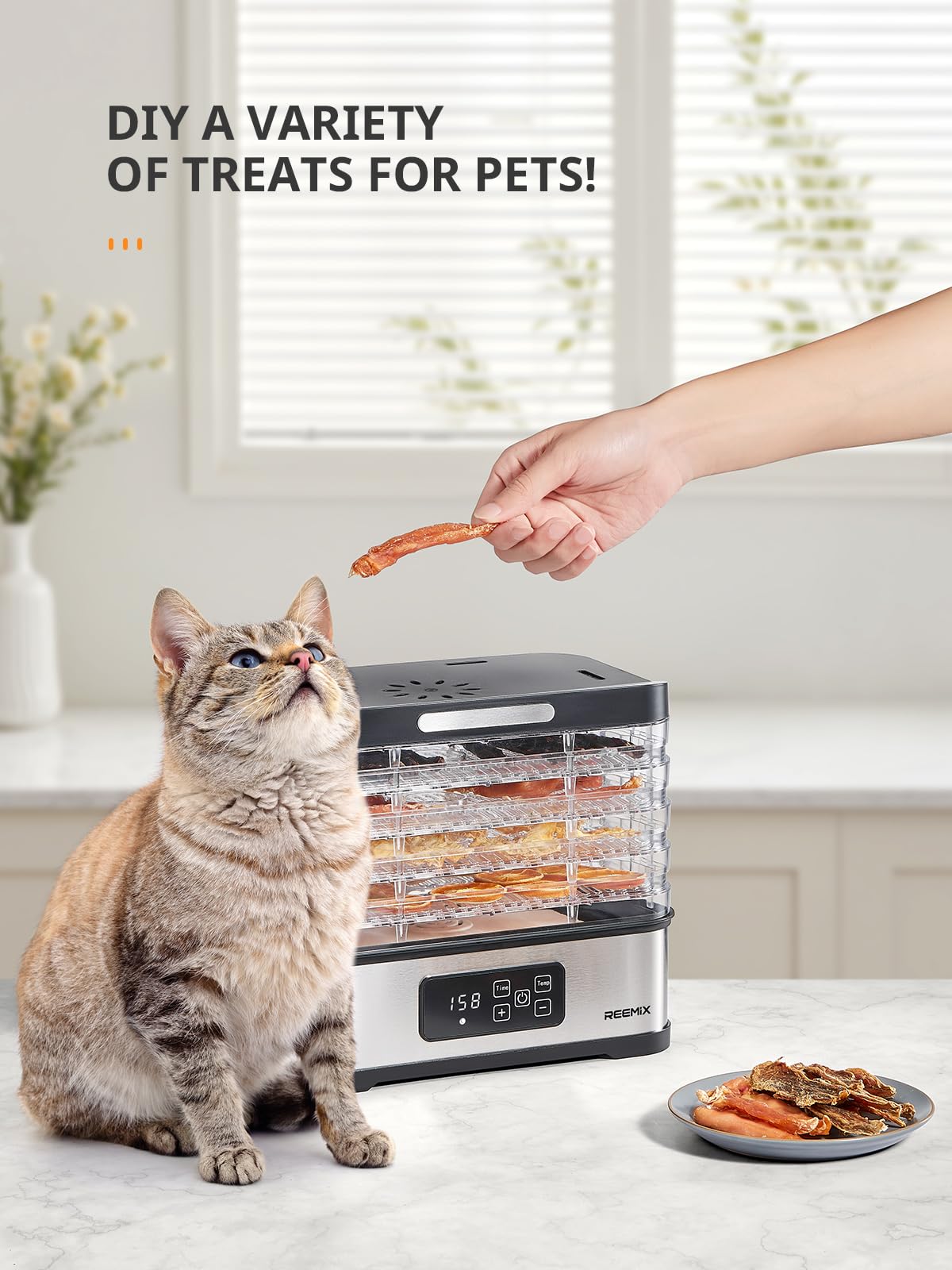 Reemix 5-Tier Compact Food Dehydrator - BPA-Free Trays, Stainless Steel Base, Touch Control LCD Display for Temperature/Time Adjustment, Home Use Dryer for Fruits, Veggies & Jerky
