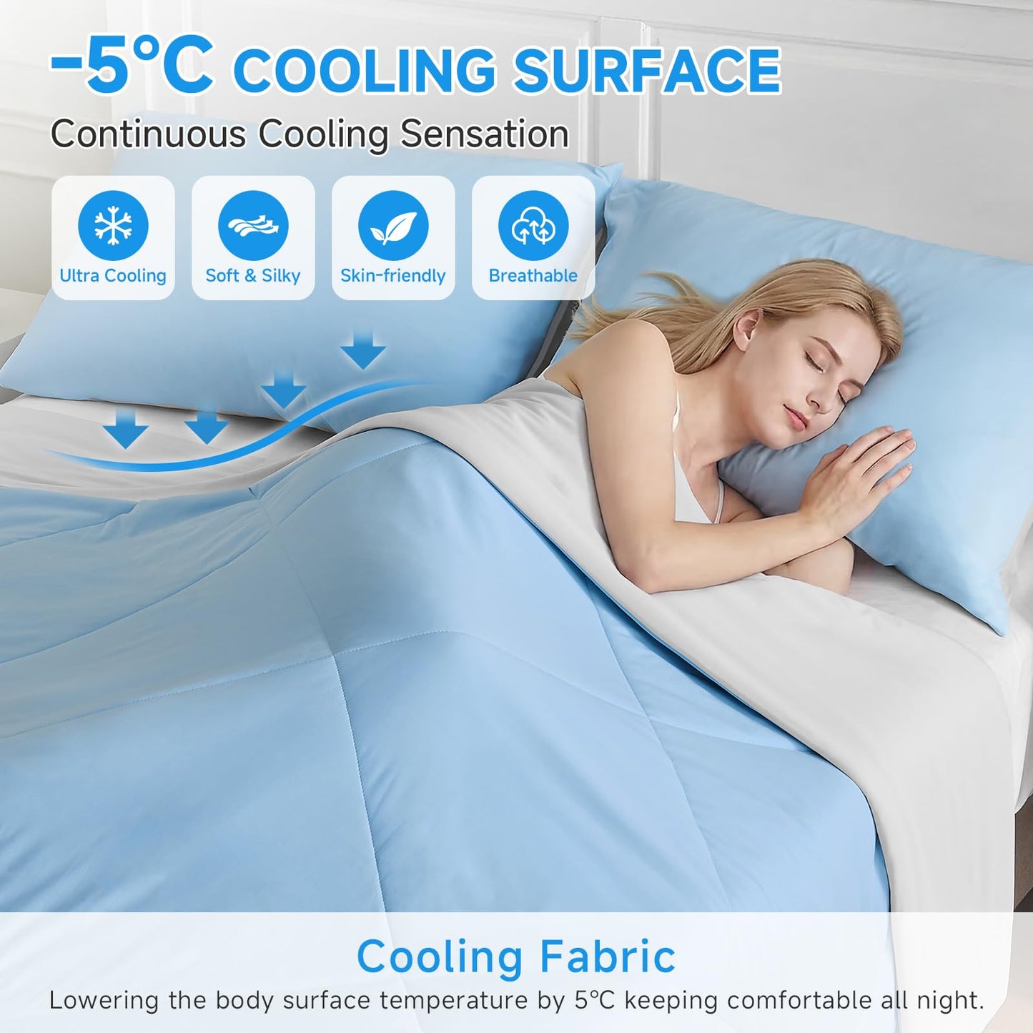 HOMFINE Cooling Comforter Japanese Double-Sided Cold Tech Fabric Cooling Blanket for Night Sweats Hot Sleepers, Q-Max 0.45 Soft Breathable Silky Smooth Lightweight, Blue Summer Comforter Queen