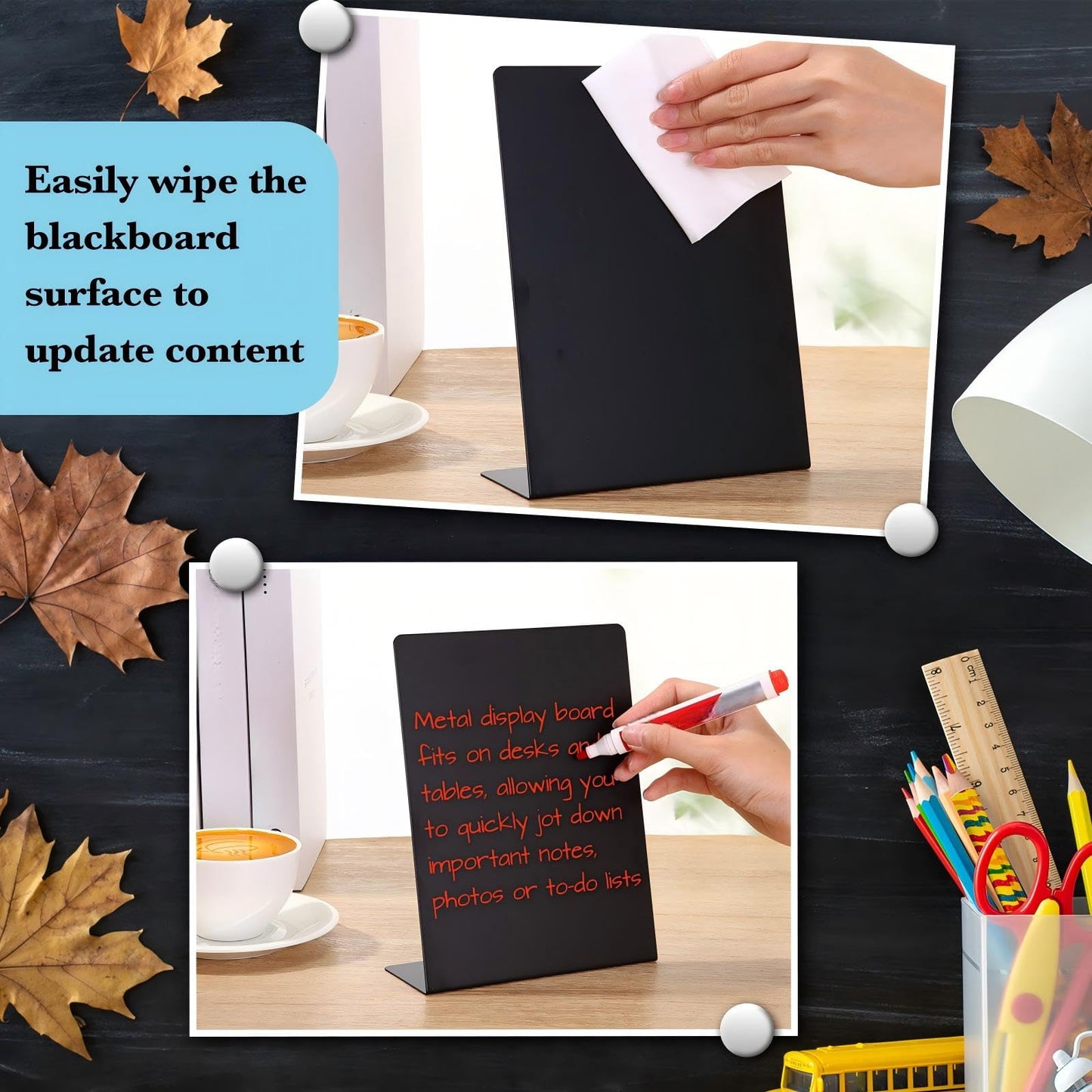 Fainne 4 Pcs Magnetic Bulletin Board with Easel Stand Mini Magnet Metal Tabletop Memo Display Board for Back to School Menu Table Office Supplies (Black,6 x 8 Inches)