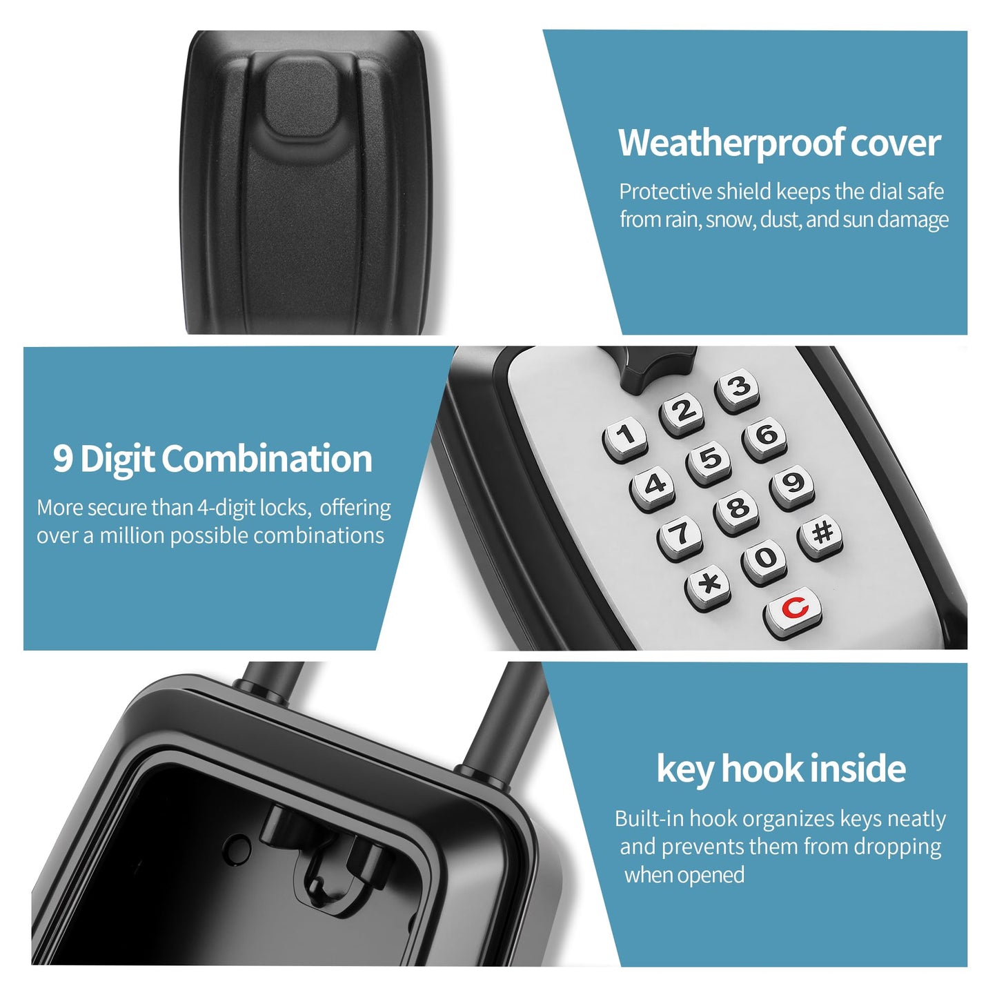 WJYMRO Key Lock Box With Code, Large Capacity 9 Digit Combination Lock Box, Portable U shaped Shackle Outdoor Weatherproof Security Safe for Homes, Garages, Offices, Realtors