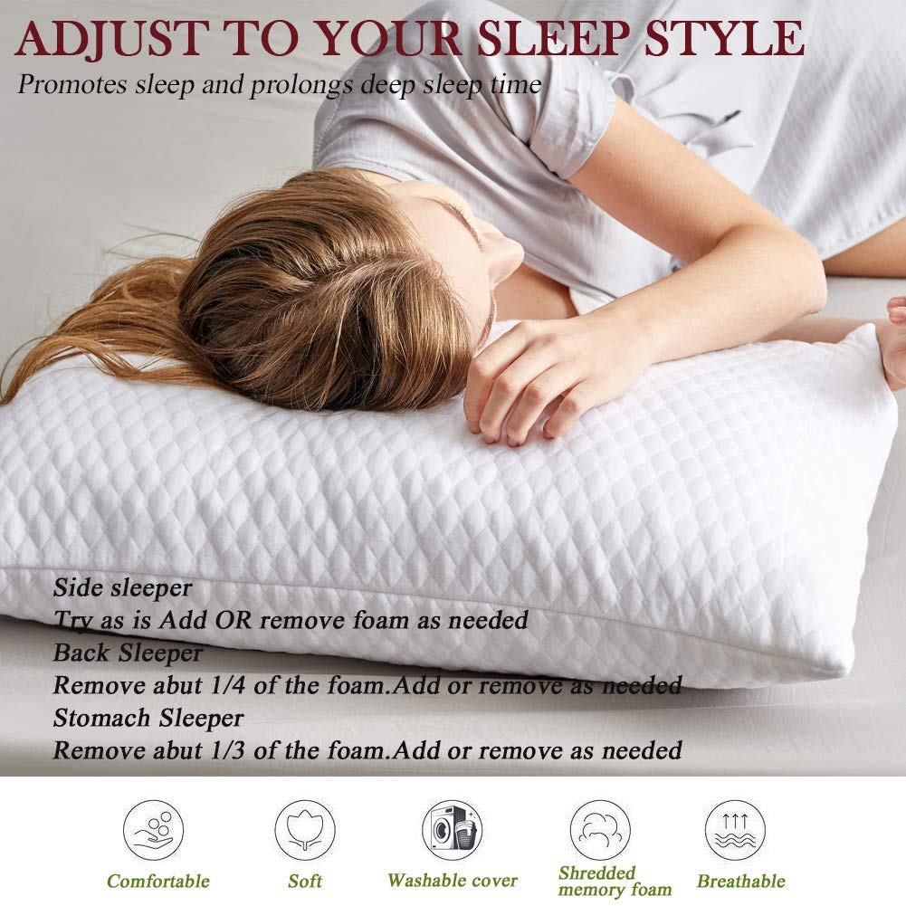 NTCOCO Shredded Memory Foam Bed Pillows for Sleeping King Size 2 Pack, with Washable Removable Hypoallergenic Sleep Pillow for Back and Side Sleeper