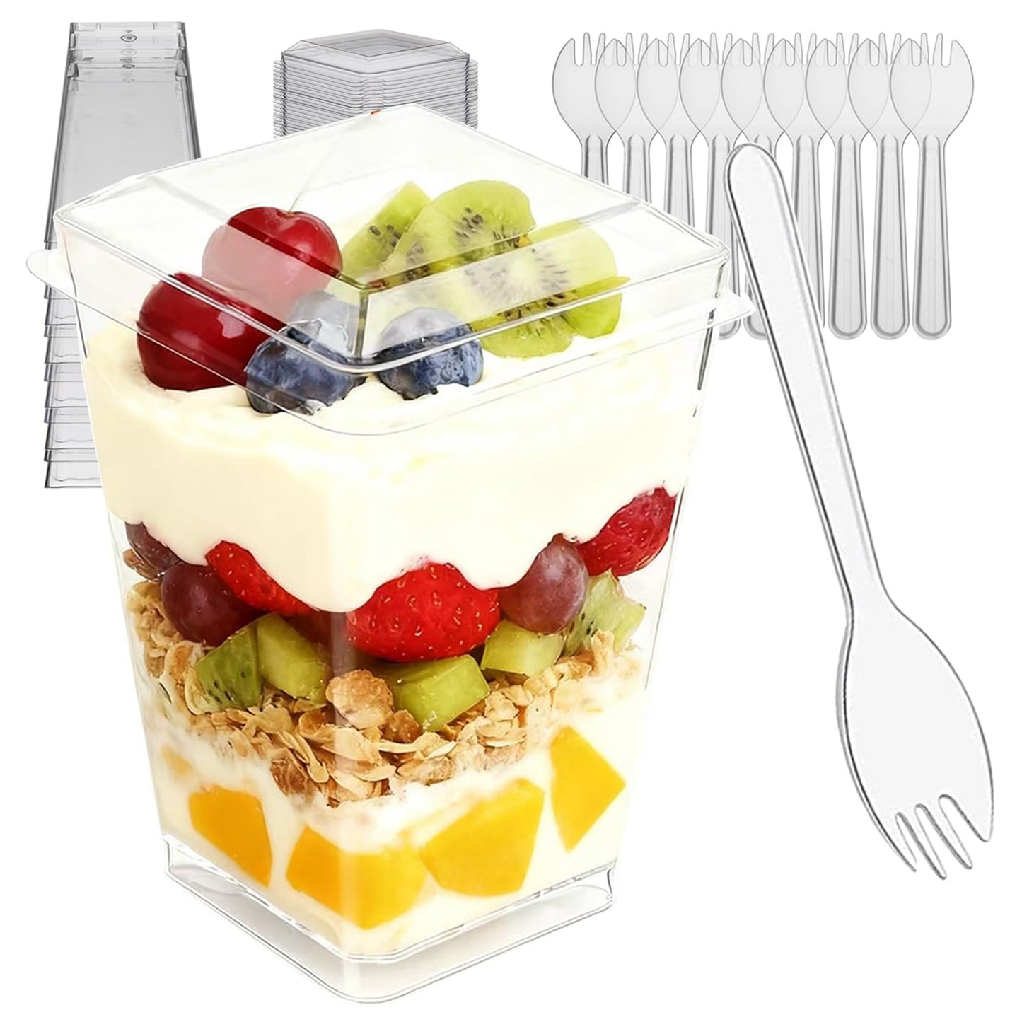 Toowood 300 Pack 100 Set Clear Dessert Cups with Lids and Spoons, 5.4oz Mini Dessert Cups Reusable Square Parfait Cup for Party Appertizer, Christmas