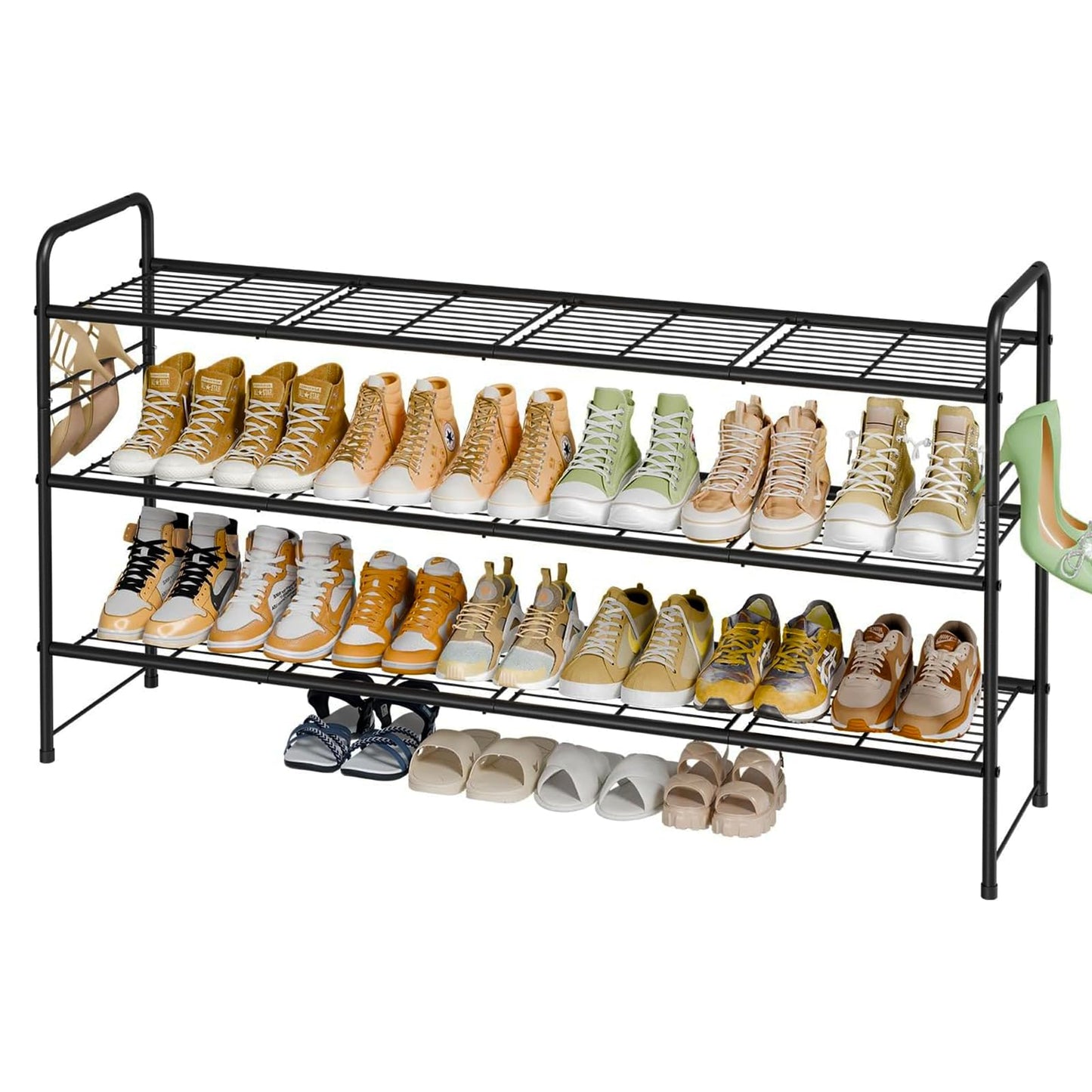 MWQ 3 Tier Shoe Rack for Closet, 44 Inch Extra Long Shoe Storage Organizer for Shelves, Heavy Duty Metal, Easy Assembly, Black