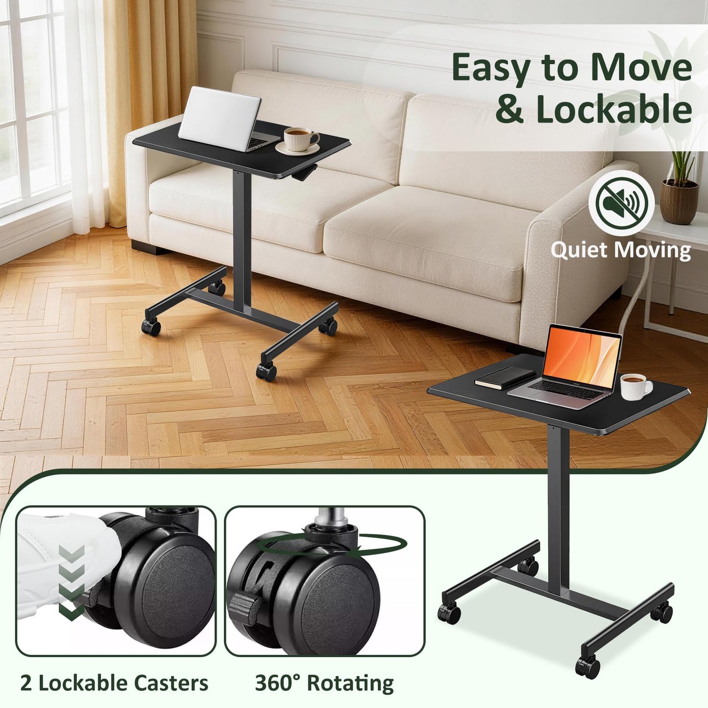 SageNest Adjustable Mobile Standing Desk, Rolling Sit-Stand Laptop Desk with Locking Wheels, Compact Portable Computer Table for Home Office or Dorm, Black