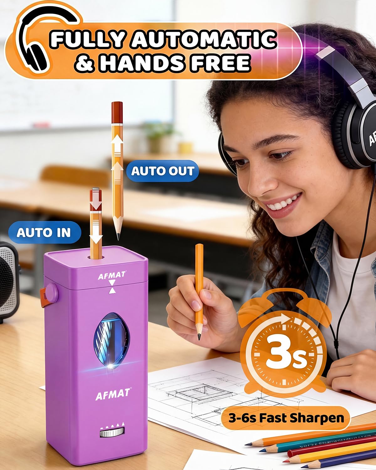 AFMAT Electric Pencil Sharpener, Fully Automatic Pencil Sharpener for 6-12mm No.2/Jumbo Pencils, Auto in & Out, 5 Sharpness Modes, Rechargeable Heavy Duty Sharpeners for Classroom/Home/Office PSC7