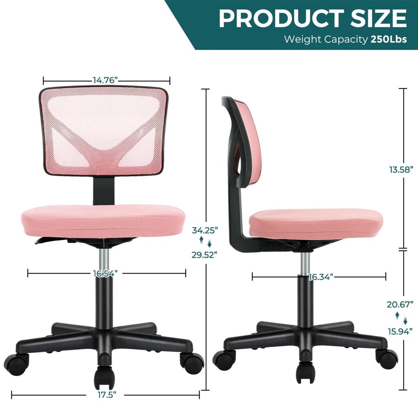 DUMOS Small Office Chair Armless, Ergonomic Adjustable Home Office Swivel Rolling Task Chair No Arms, Comfy Mesh Mid Back Computer Work Vanity Desk Chiars with Wheels for Small Spaces, Hot Pink