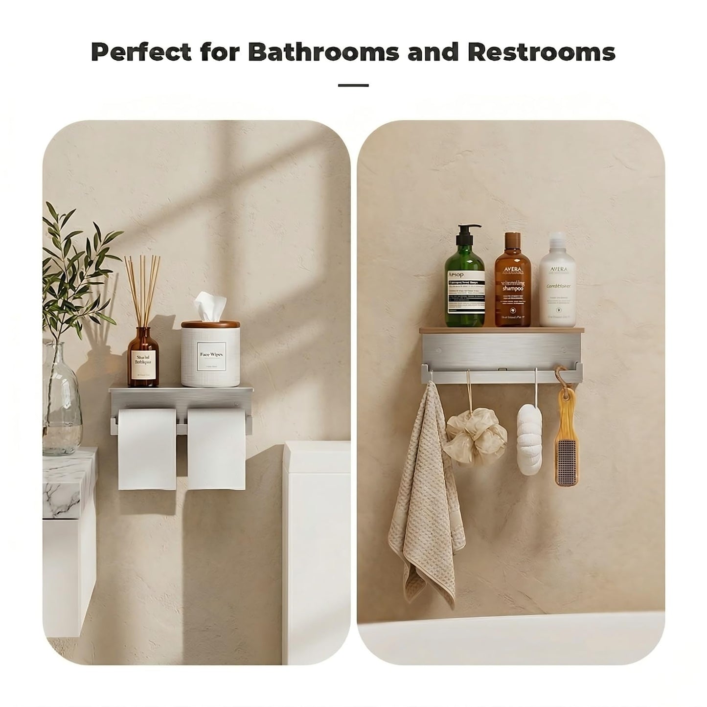Double Toilet Paper Holder with Shelf, FreshGlow Large Tissue Holder Brushed Nickel, Wall Mount Commercial Toilet Paper Dispenser Phone Shelf Stainless Steel, Tissue Roll for Bathroom