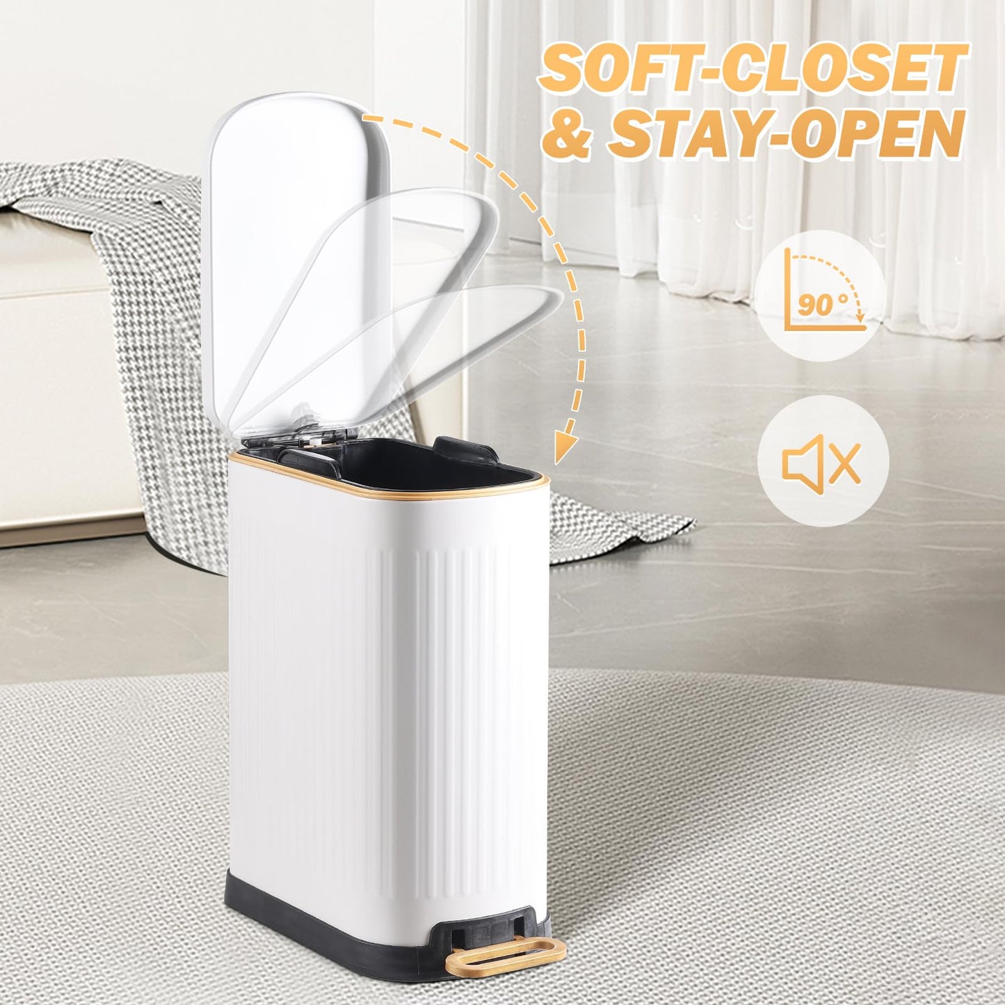 SYNCVIBE Slim Bathroom Trash Can with Soft Close Lid Stainless Steel Garbage Can Step Trash Bin with Removable Inner Bucket for Bedroom, Office, Kitchen (Matt White, 3.5 Gallons)