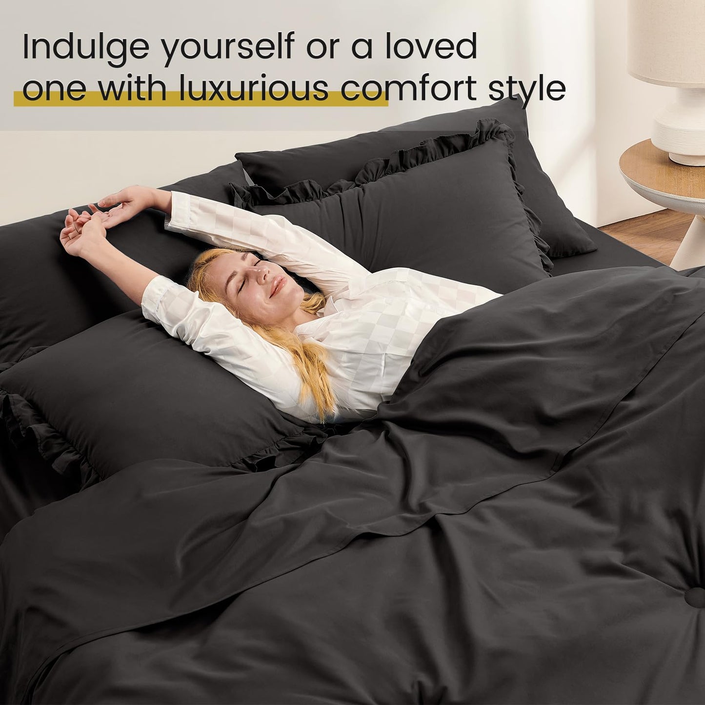 QUIETSEA King Size Bed in a Bag 7 Pieces King Size Comforter Set, Ruffle Shabby Chic Bedding Comforter Set Black Bed Set with Comforter, Pillowcases, Flat Sheet, Fitted Sheet and Pillow Shams