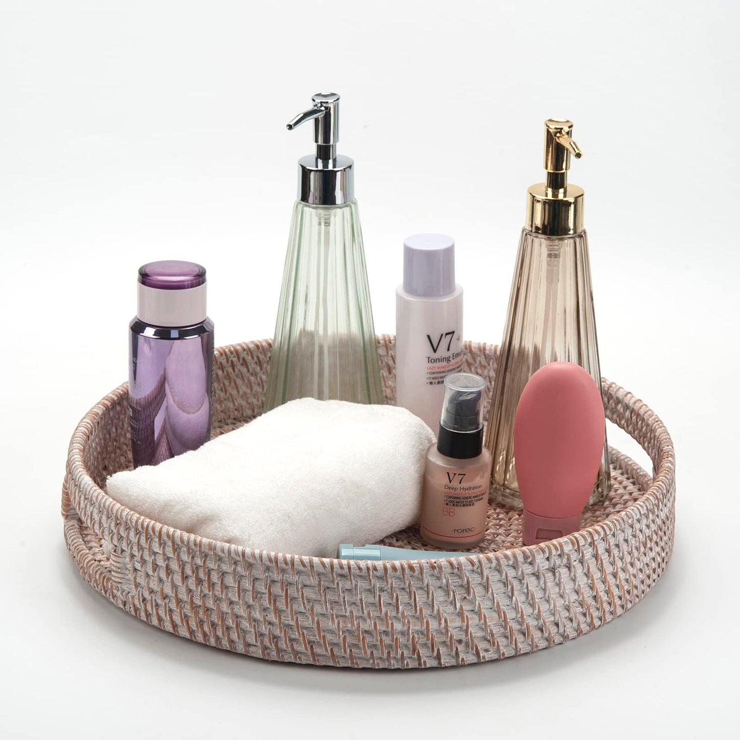 Coffee Table Tray Round Rattan Ottoman Tray Woven Serving Trays with Handles for Home and Kitchen Decorative Whitewash (Large 16.9 inch)