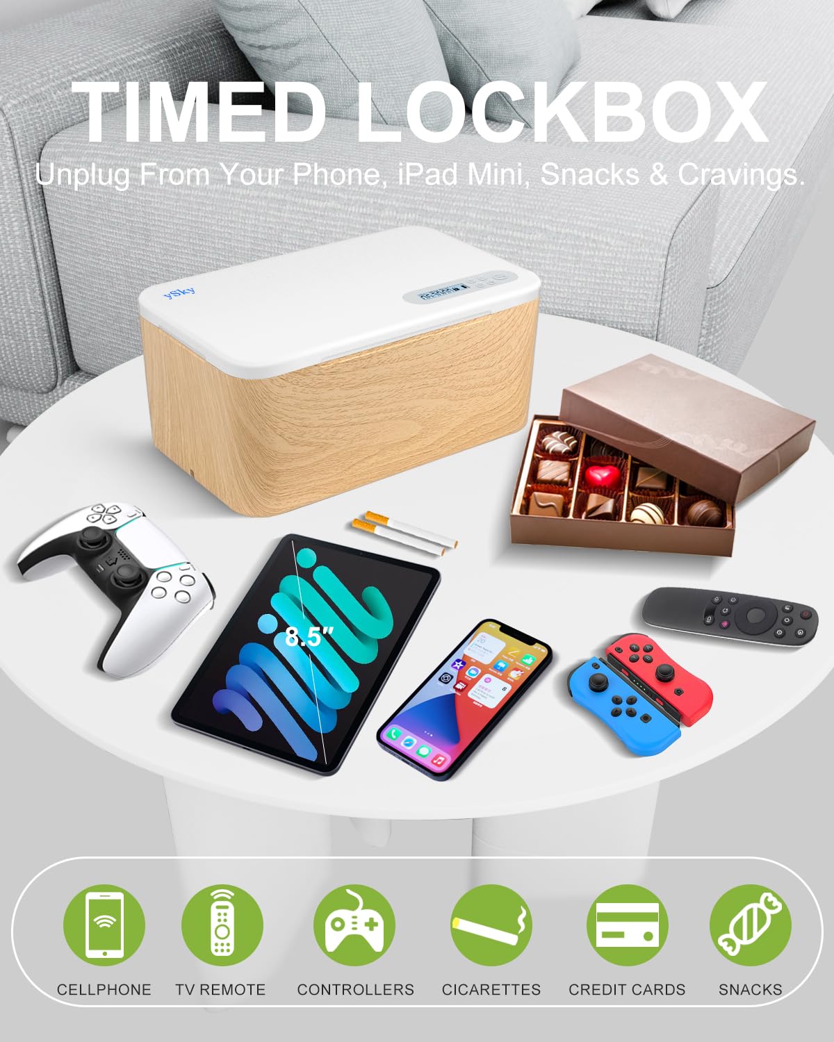 ySky Phone Lock Box with Timer,Safe Timed Lock Box Unplug from Phones,Video Games,Social Media,Snacks&Cravings,SelfControl Lock Storage Box for 8.5 inch iPad, cellphone Locker Time Lock Box(woodgrain)
